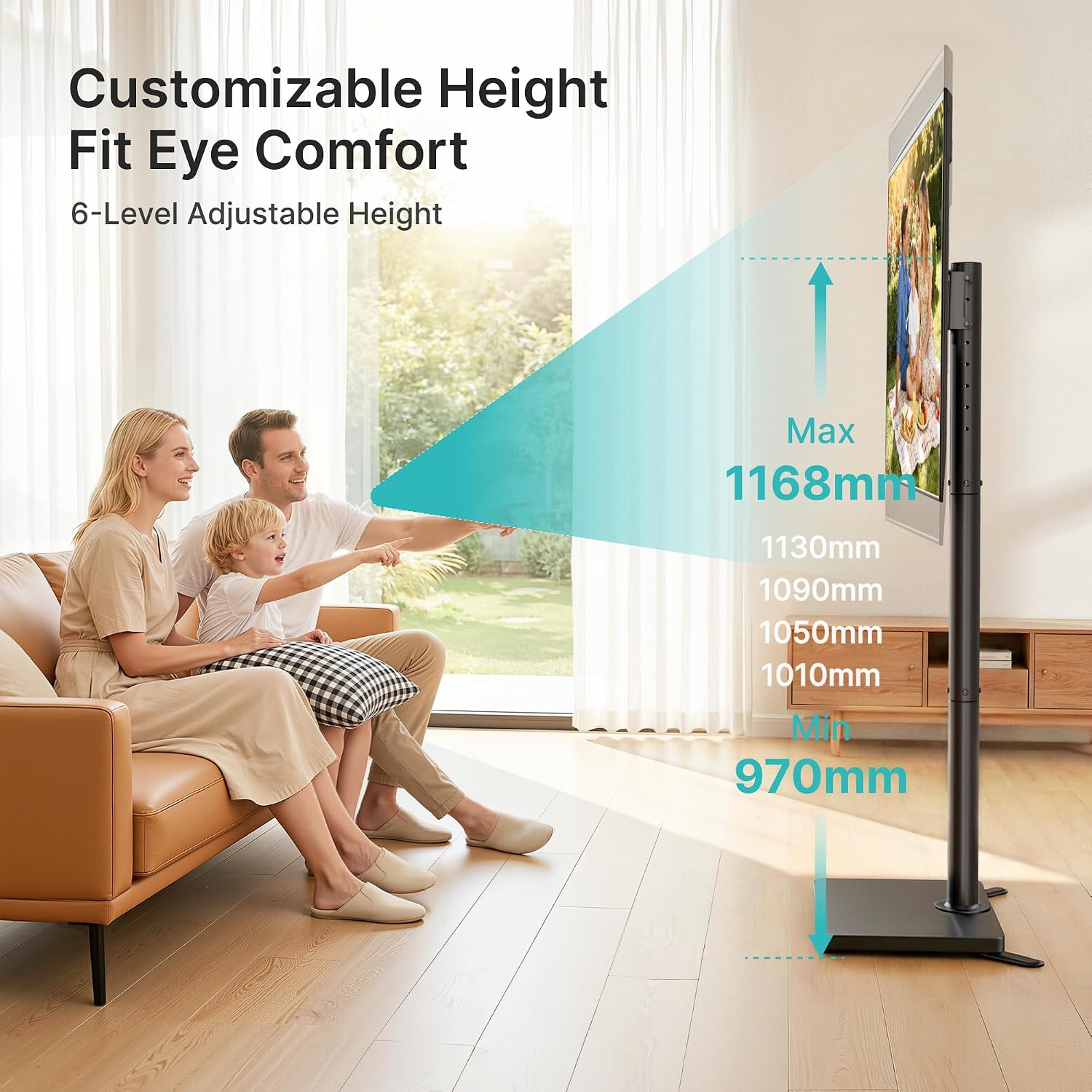 Detalle de PEGZONE TV Stand for 32-65 Inch TVs – Swivelling Floor Stand with 90° Rotation and Height Adjust, 40 kg Load, 400 x 400 VESA