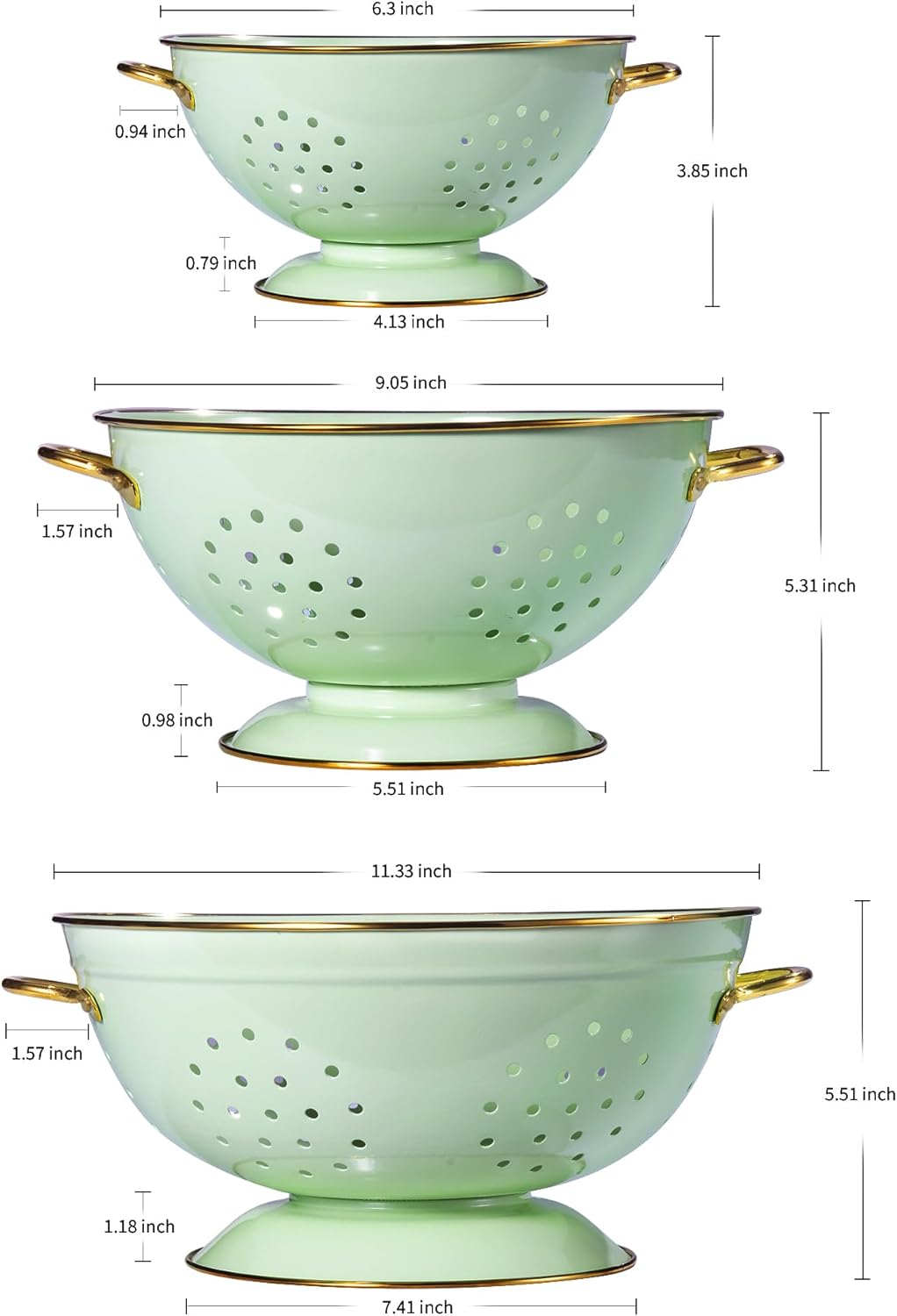 Thumbnail 1 de BeFare Metal Colander Set of 3 (1, 3.5, 5 Qt) with Handles - Green