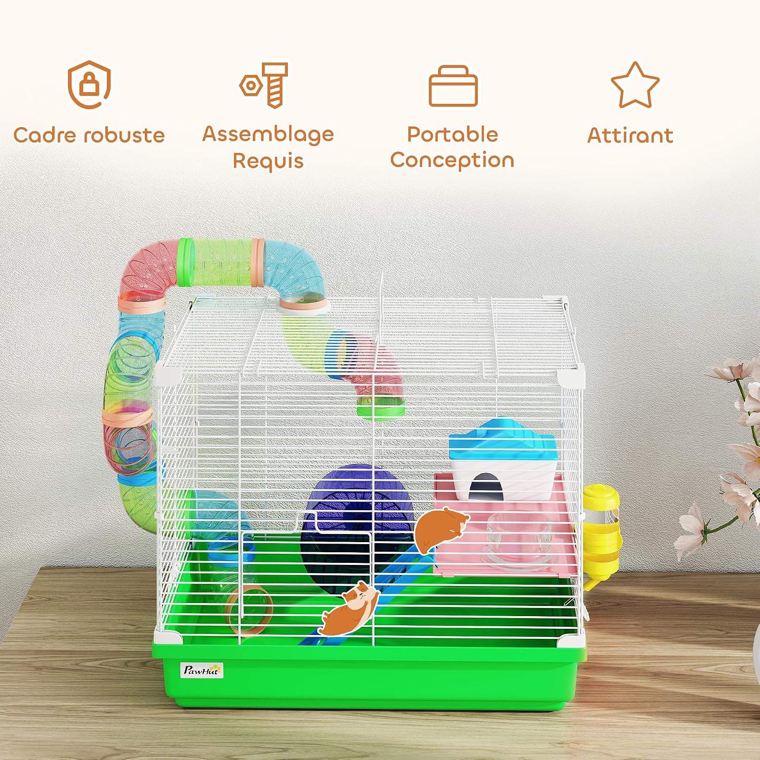 Detalle de PawHut Cage à hamster rongeur 2 niveaux avec tunnel, roue et maisonnette (46 x 30 x 37 cm) – Vert
