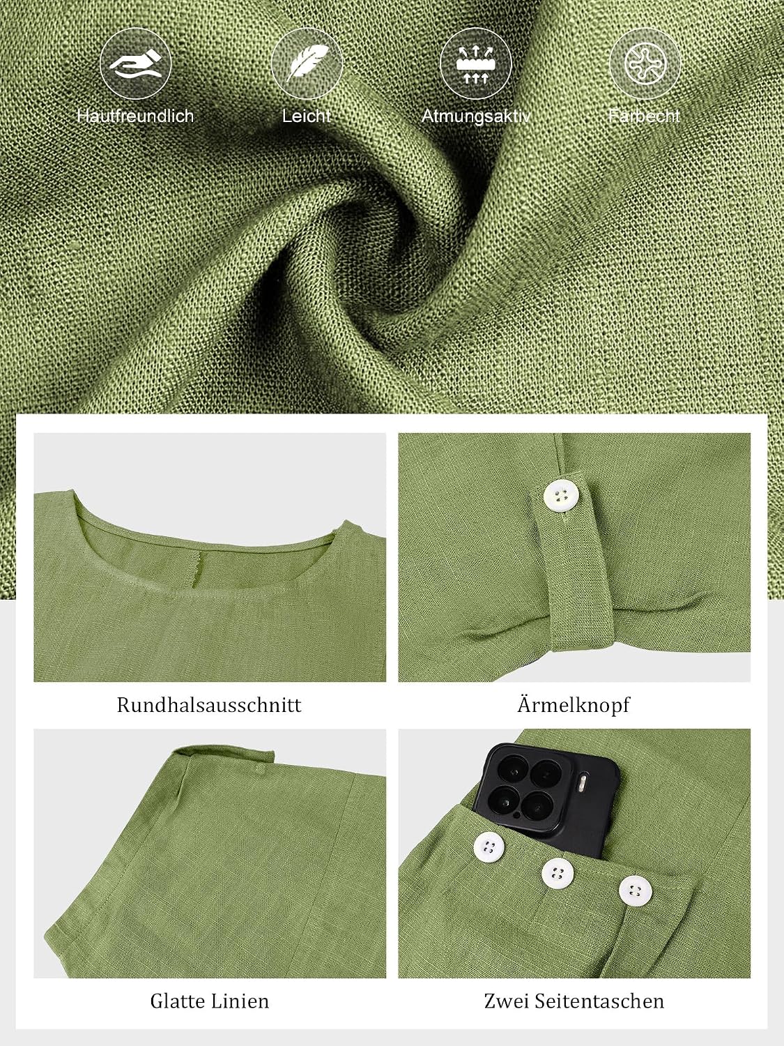 Detalle 2 de YYIDATON Sommerkleid Damen mit Leinenmix, Rundhals und Knielänge im A-Line-Style