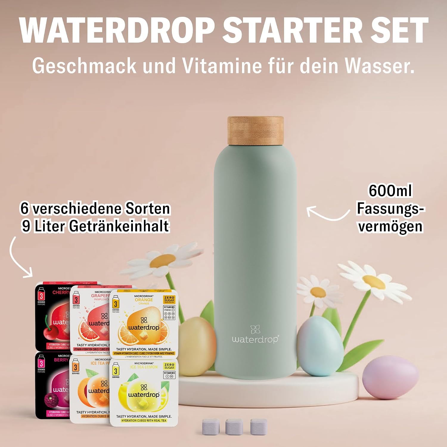 Detalle de waterdrop® Starter Set 600 ml Trinkflasche mit 18 zuckerfreien Microdrinks (Edelstahl, kohlensäuregeeignet)