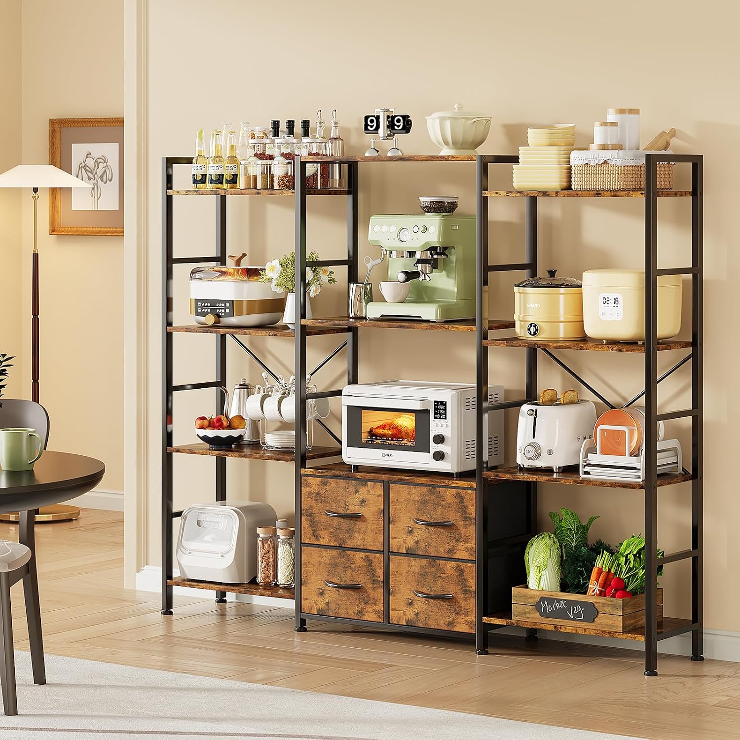 Thumbnail 1 de VERMESS Triple Bookshelf, 4-Tier 69-Inch Wide Shelf with Adjustable Drawers