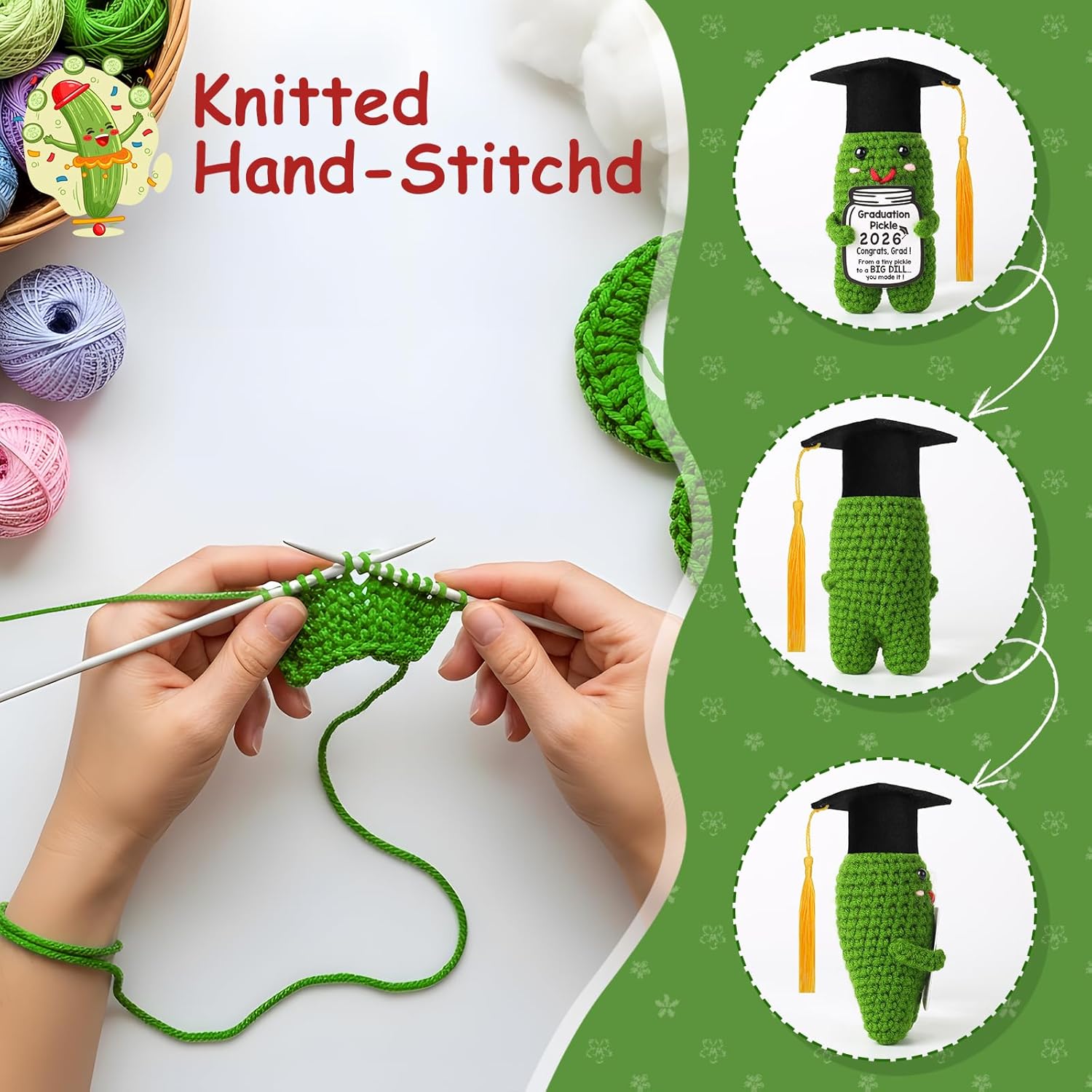 Thumbnail 4 de MAMAGIFTREE Graduation Pickle 2026 Handmade Crochet Grad Gift with Tassels and Congratulatory Card