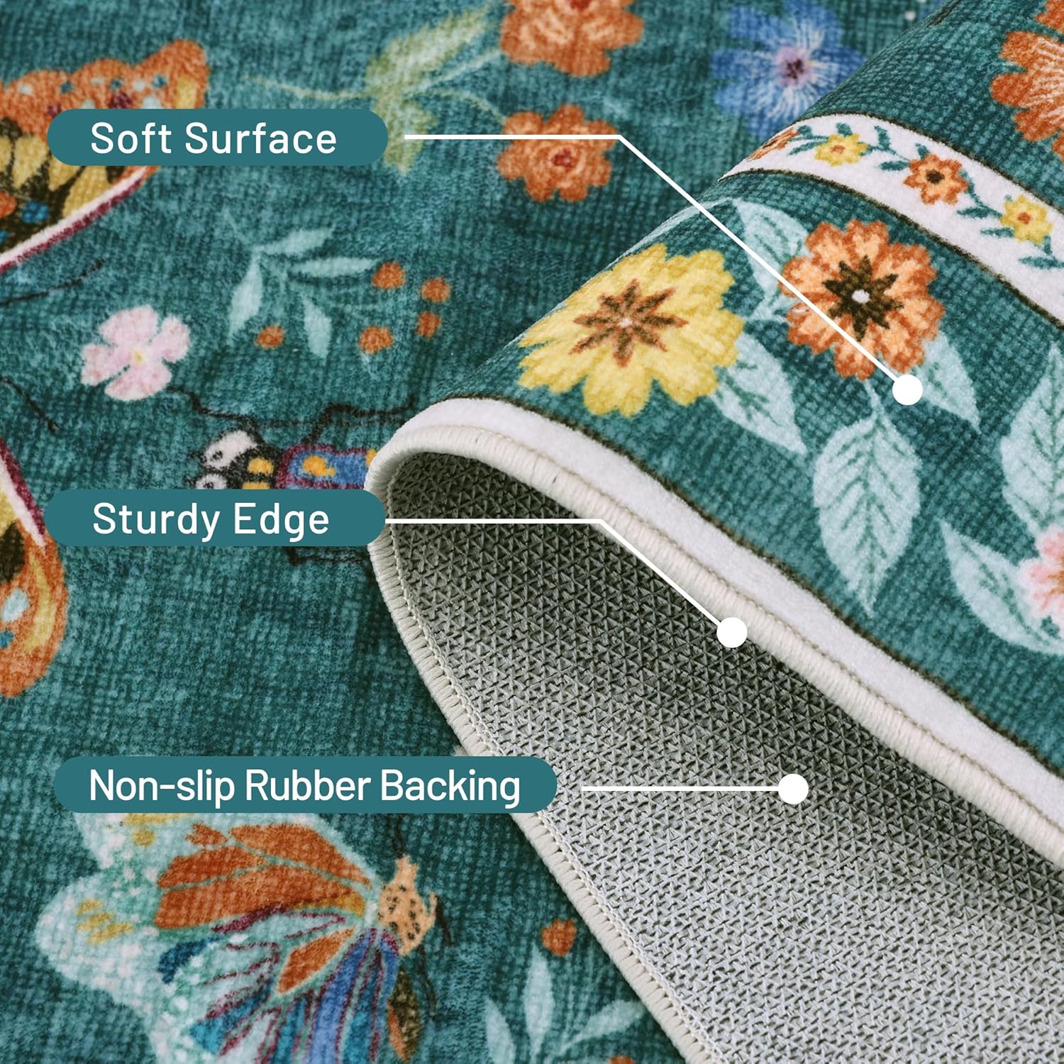 Detalle de AIMPEAK Teal Insect Area Rug, 5' x 7', Washable Low-Pile Polyester