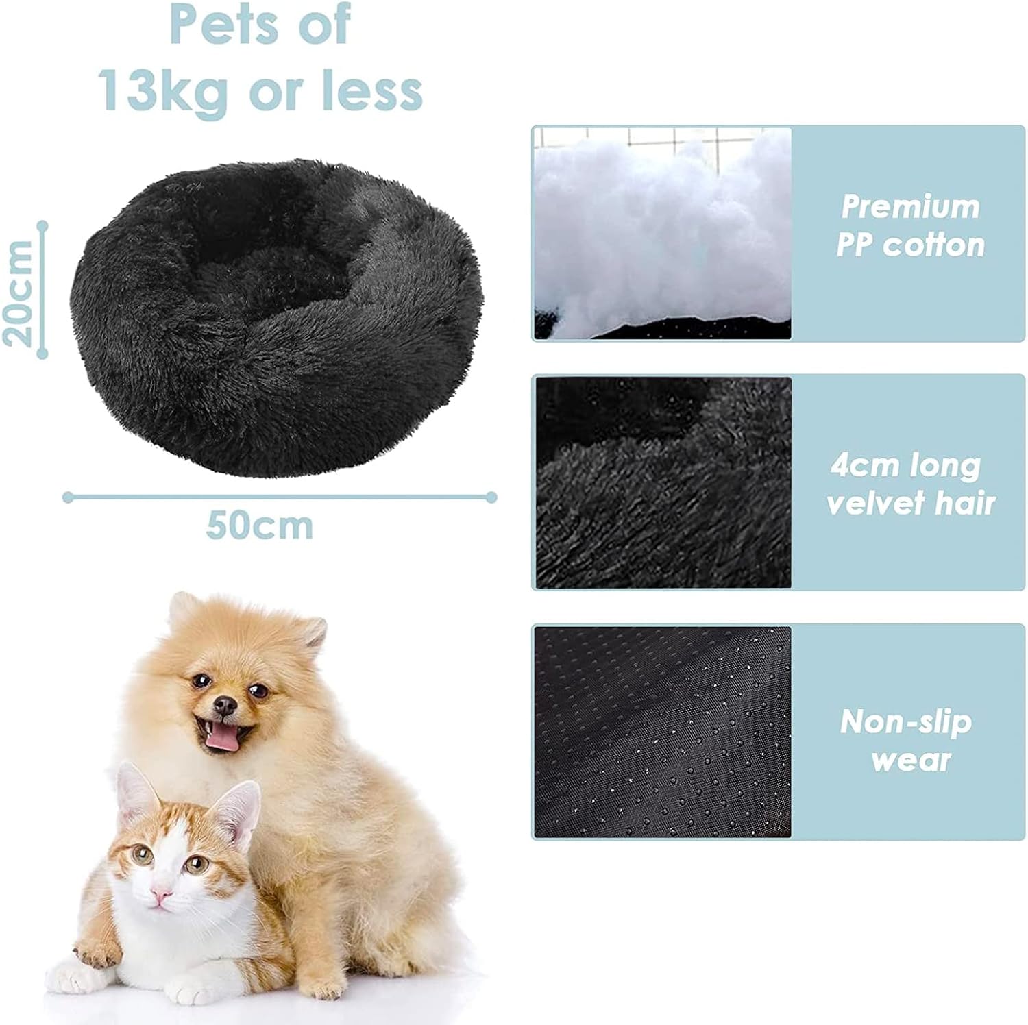 Thumbnail 1 de Jiuzcare 50cm Calming Donut Pet Bed (4cm long plush) for Small Dogs & Cats, Black