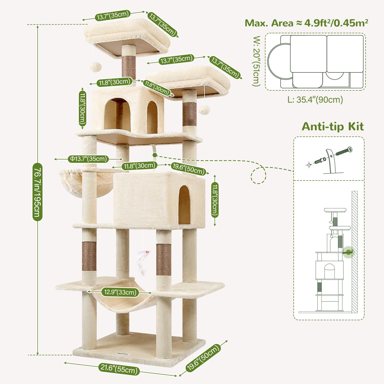 Detalle 2 de Globlazer F76 Cat Tree, 76.38-Inch, 7 Levels, Sisal and Plush, Beige