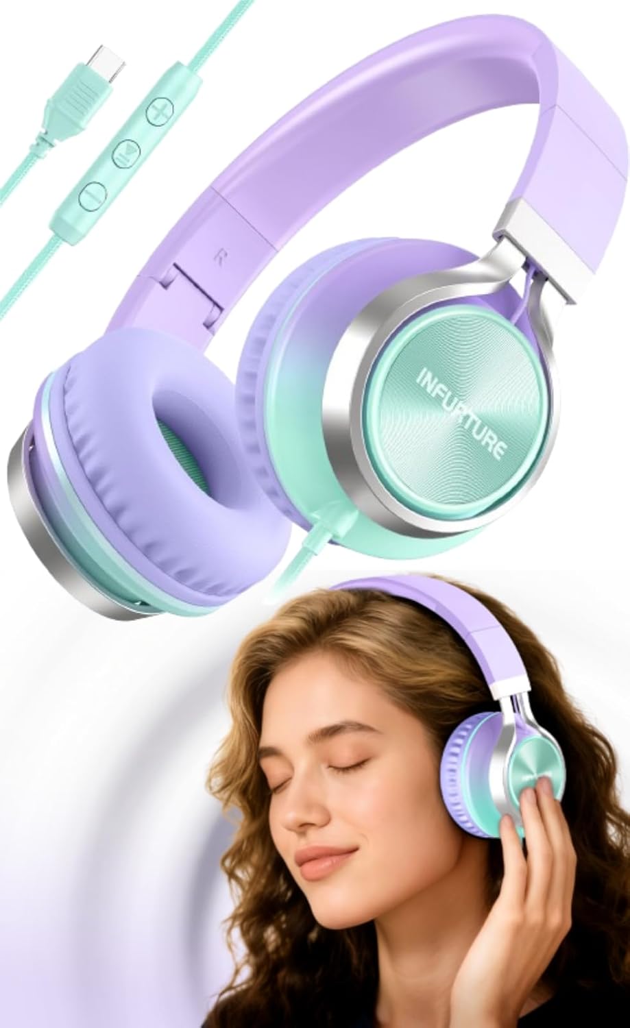 Detalle de INFURTURE USB-C Headphones with Microphone: Foldable, Tangle-Free, Over-Ear USB-C Audio