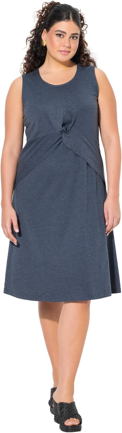 Detalle de Ulla Popken Damen Übergrößen Jerseykleid mit Lagenoptik – A-Linie, Rundhals, ärmellos