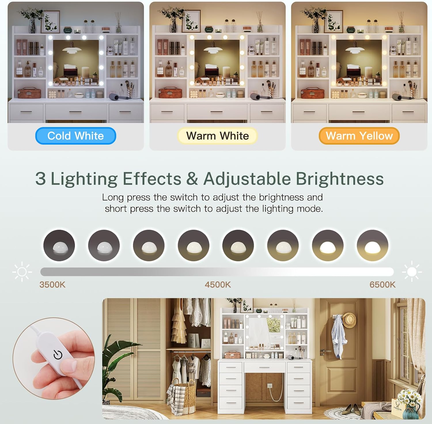 Detalle 2 de FIONESO vanity Vanity Desk with Mirror, 9 Drawers, 6 Shelves and Lights