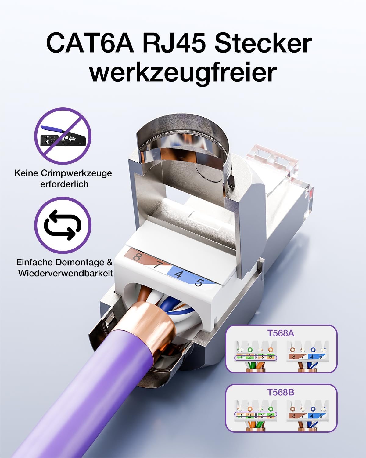 Detalle de VCELINK CAT6A RJ45-Stecker, werkzeuglos, geschirmt – 12 Stück