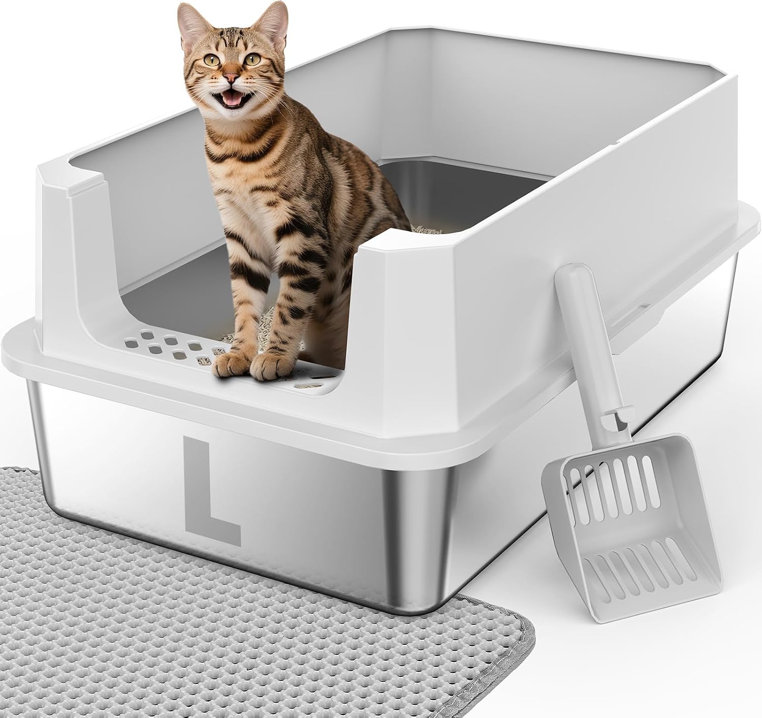 Detalle de FURTIME CLB-SG-XL Stainless Steel Cat Litter Box, Large, High-Sided with Scoop & Mat