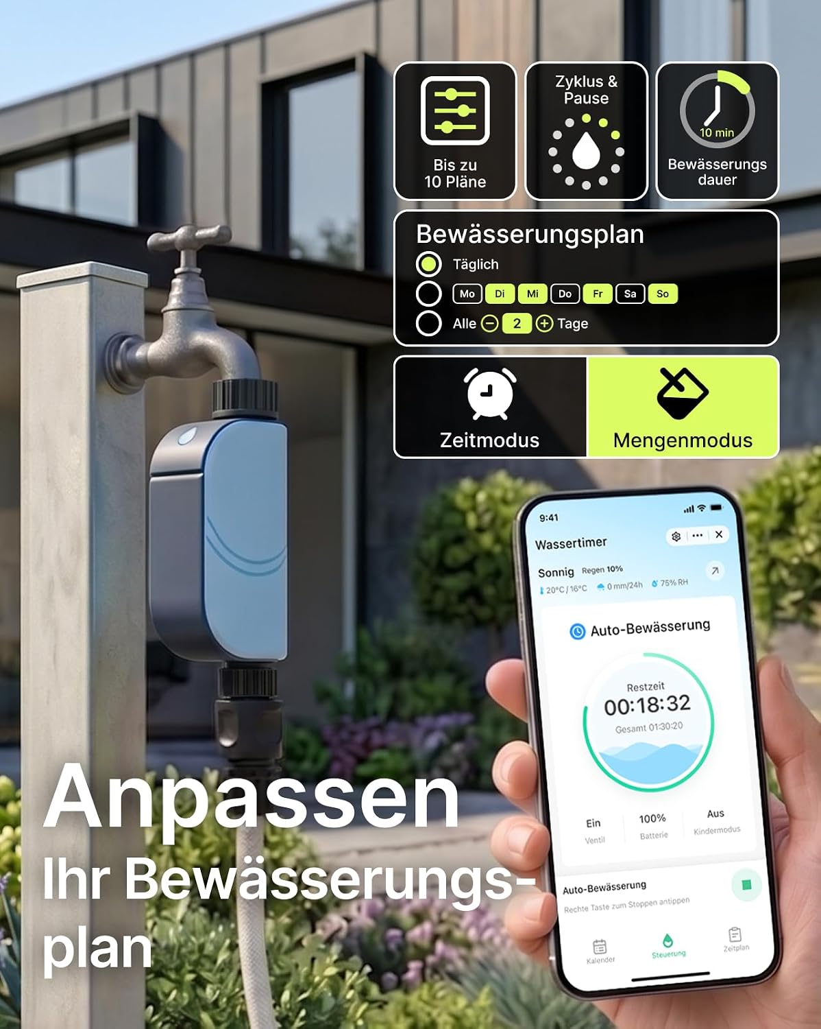 Detalle de EZAIoT Bewässerungscomputer WLAN mit Durchflussmesser – smarte App-Steuerung für Garten & Rasen