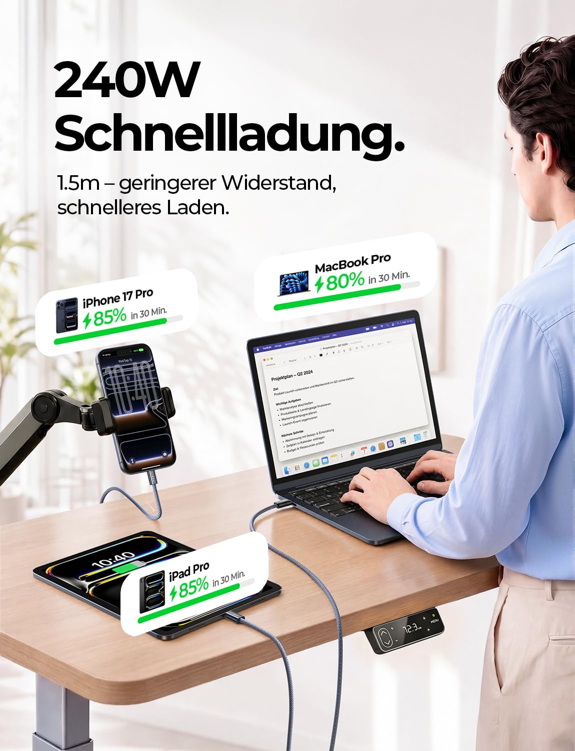 Detalle de LISEN 240W USB-C Kabelset – 4er-Pack (1 m, 1 m, 1,5 m, 1,5 m) USB-C auf USB-C, PD 3.1, E-Marker 3.0 – Sicherheit trifft Leistung