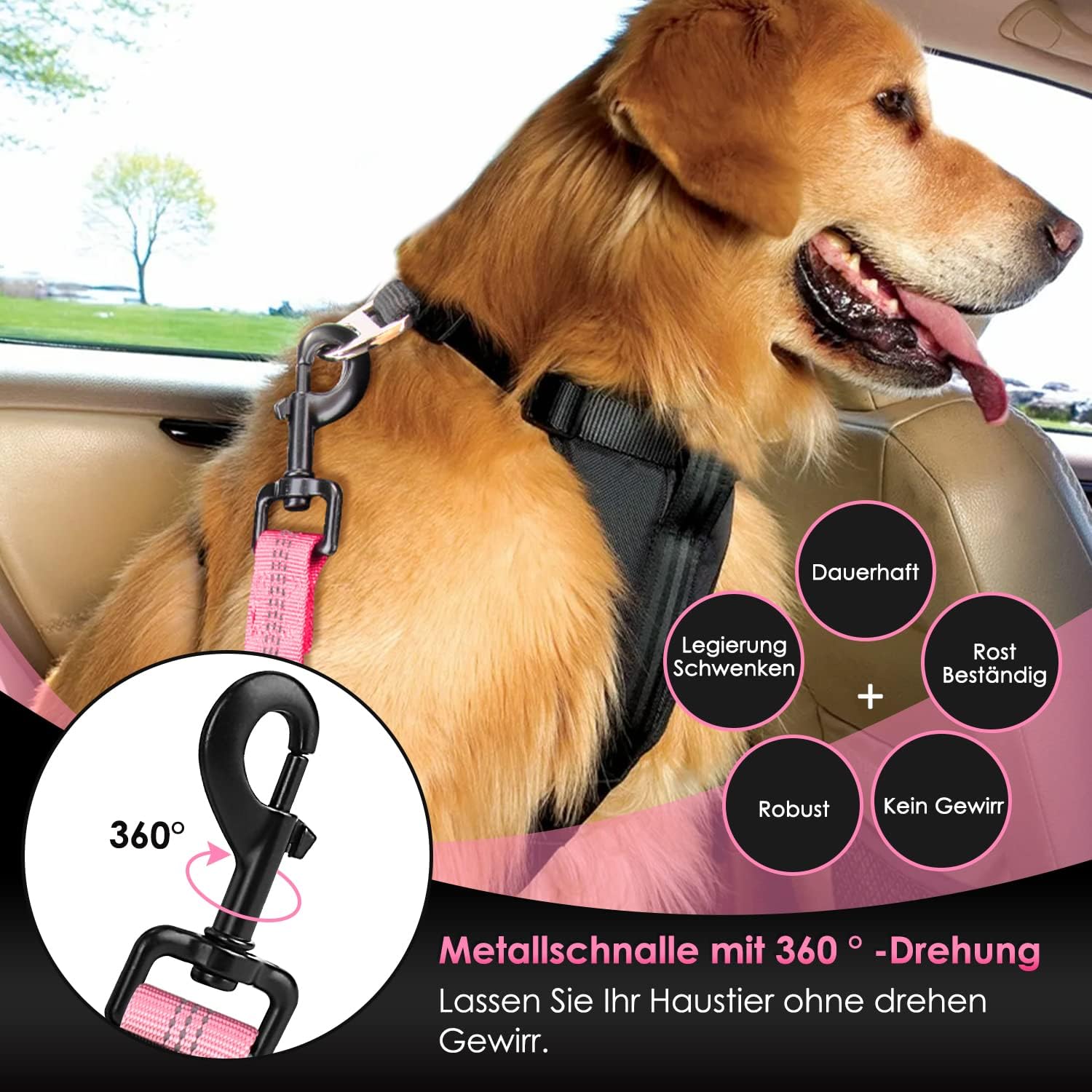 Detalle 2 de Eyein Hunde-Sicherheitsgurt für Auto (3-in-1, reflektierend, 90 cm) – verstellbar mit elastischer Ruckdämpfung, Rosa