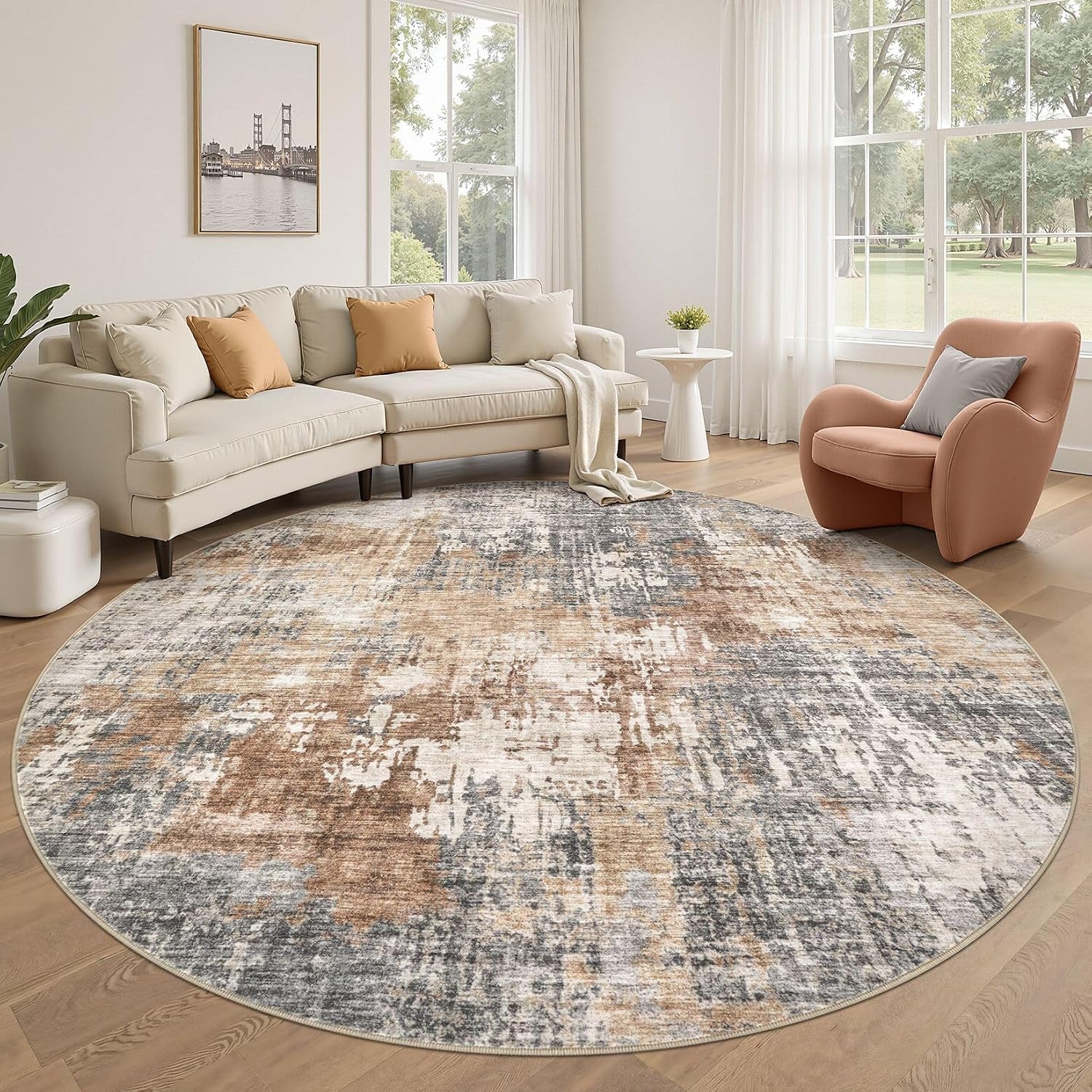 Detalle de DMOYEST 8ft Round Washable Low Pile Area Rug (Grey Brown) for Living Room, Bedroom, and Office