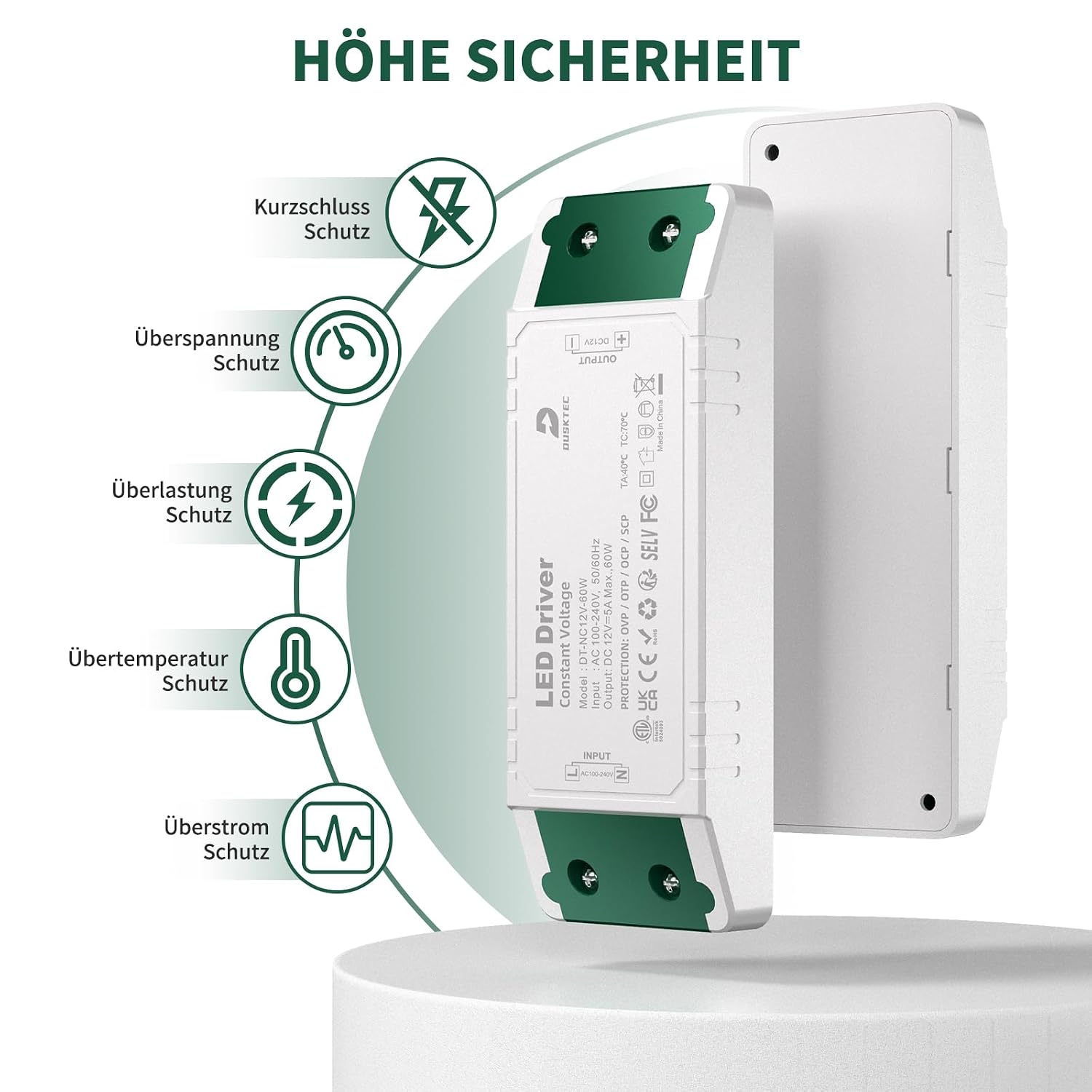 Detalle 2 de DUSKTEC LED Trafo 230V auf 12V 60W (5A) Konstantspannung für MR16 GU5.3, MR11, G4 – LED-Netzteil/Trafo