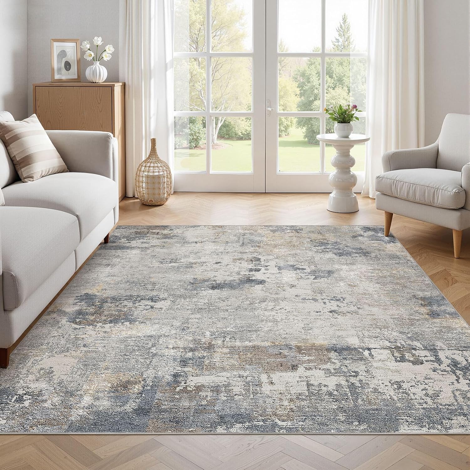 Detalle de UERMEI 6' x 6' Square Area Rug, Washable Blue Grey Abstract Design