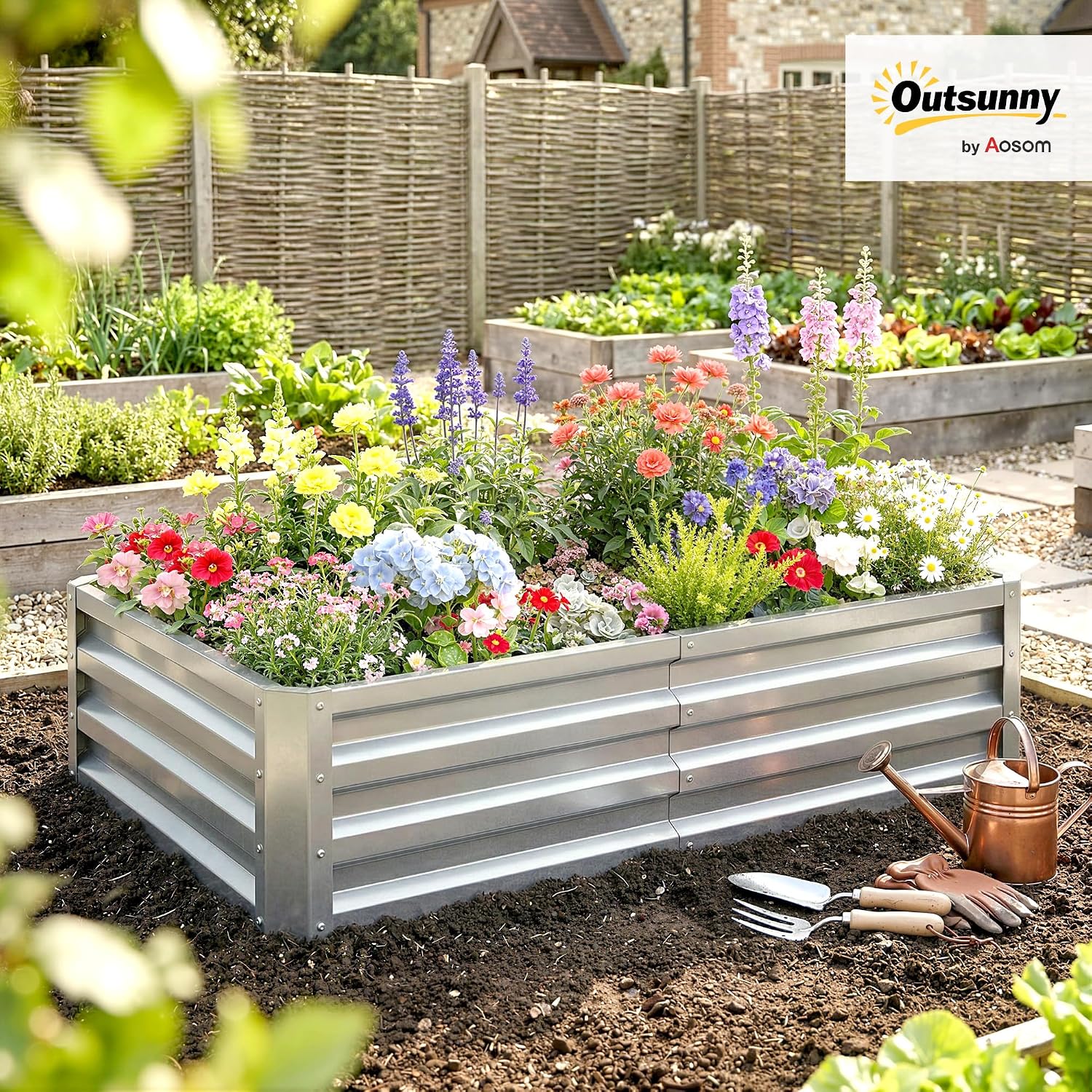 Detalle de Outsunny 845-039V01SR verhoogde plantenbak van verzinkt staal, 120 x 60 x 30,5 cm