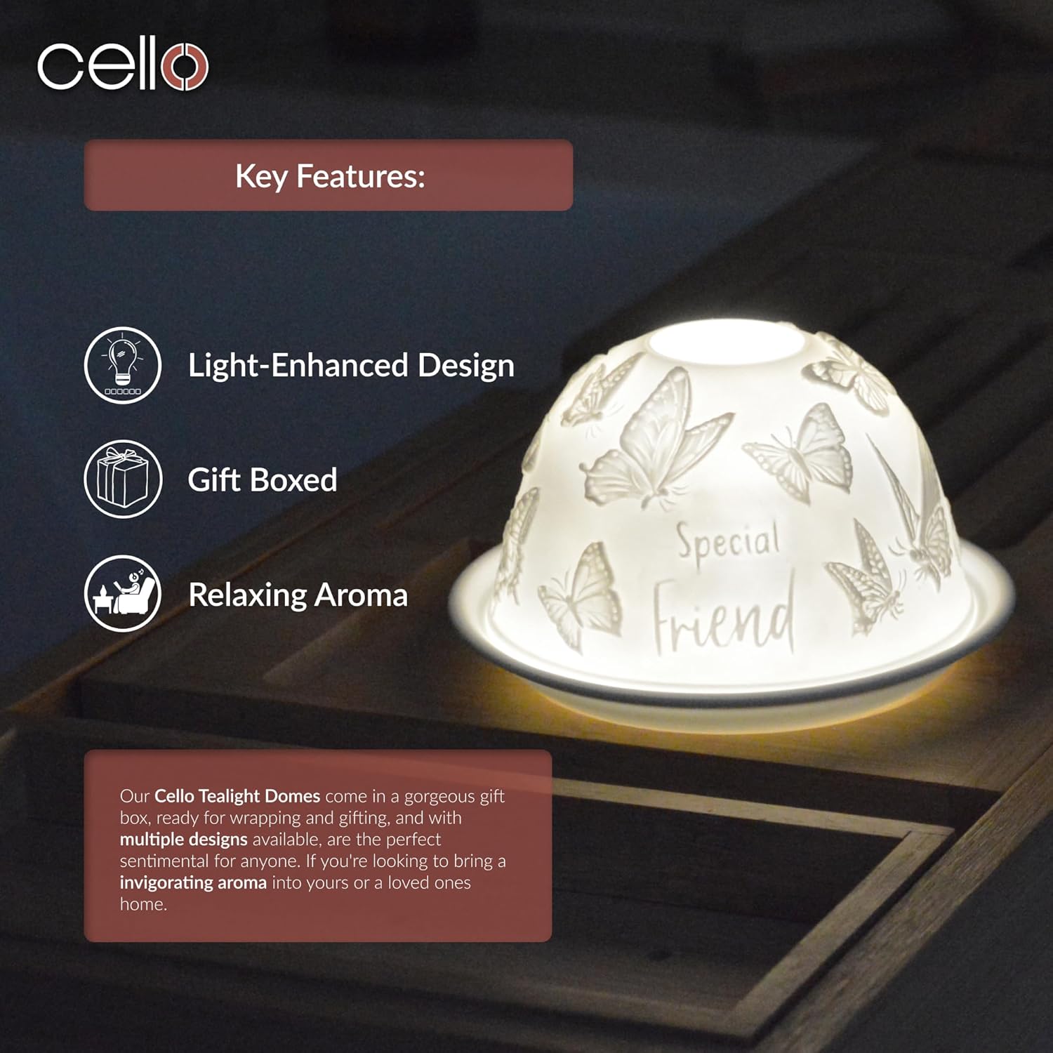 Thumbnail 4 de Cello Porcelain Tealight Holder Dome – Special Friend Butterfly 3D Projection LED or Candle Wax Warmer Ornament