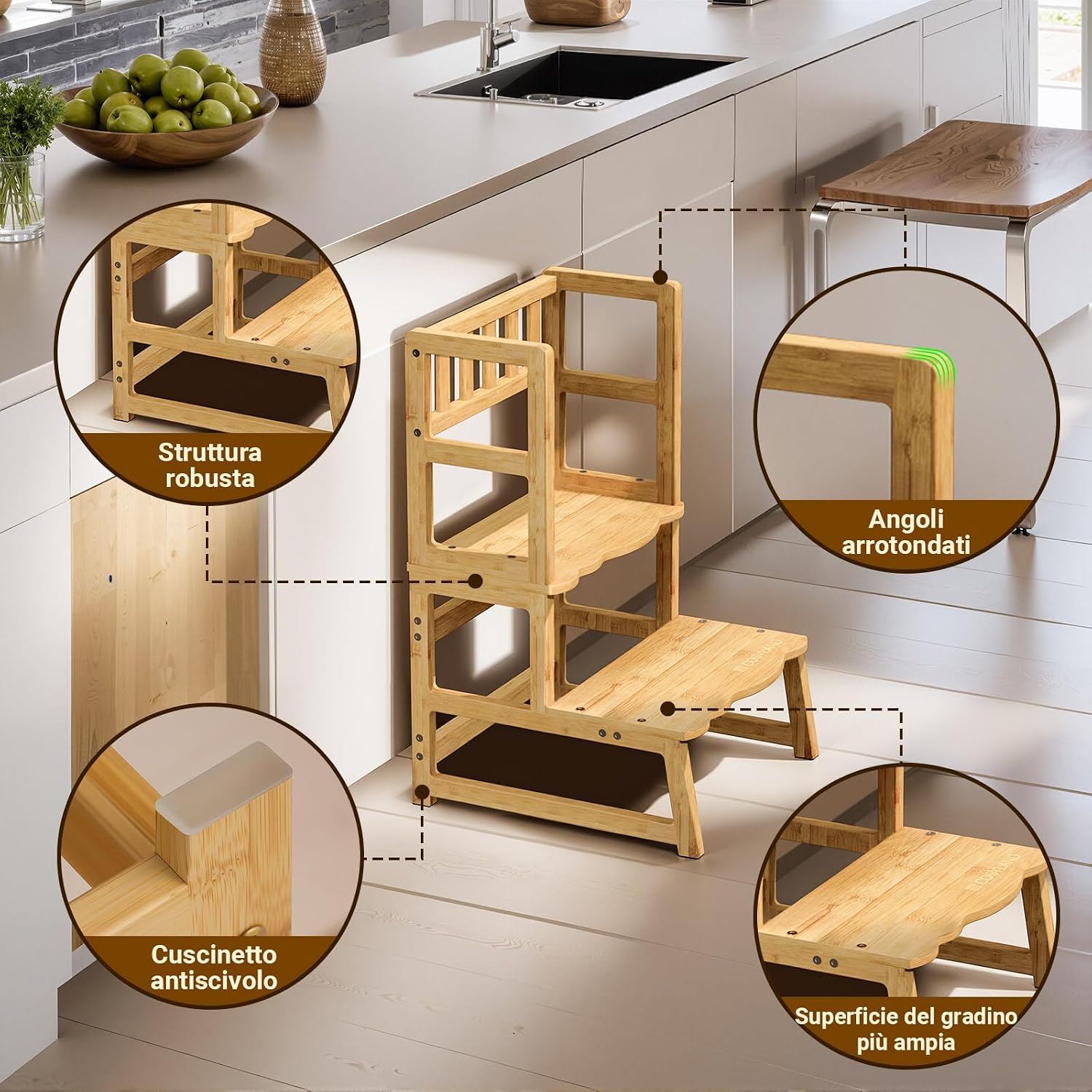 Detalle de COSYLAND Torre Montessoriana per Bambini 2 in 1 – Sicurezza e Versatilità in Bamboo Naturale