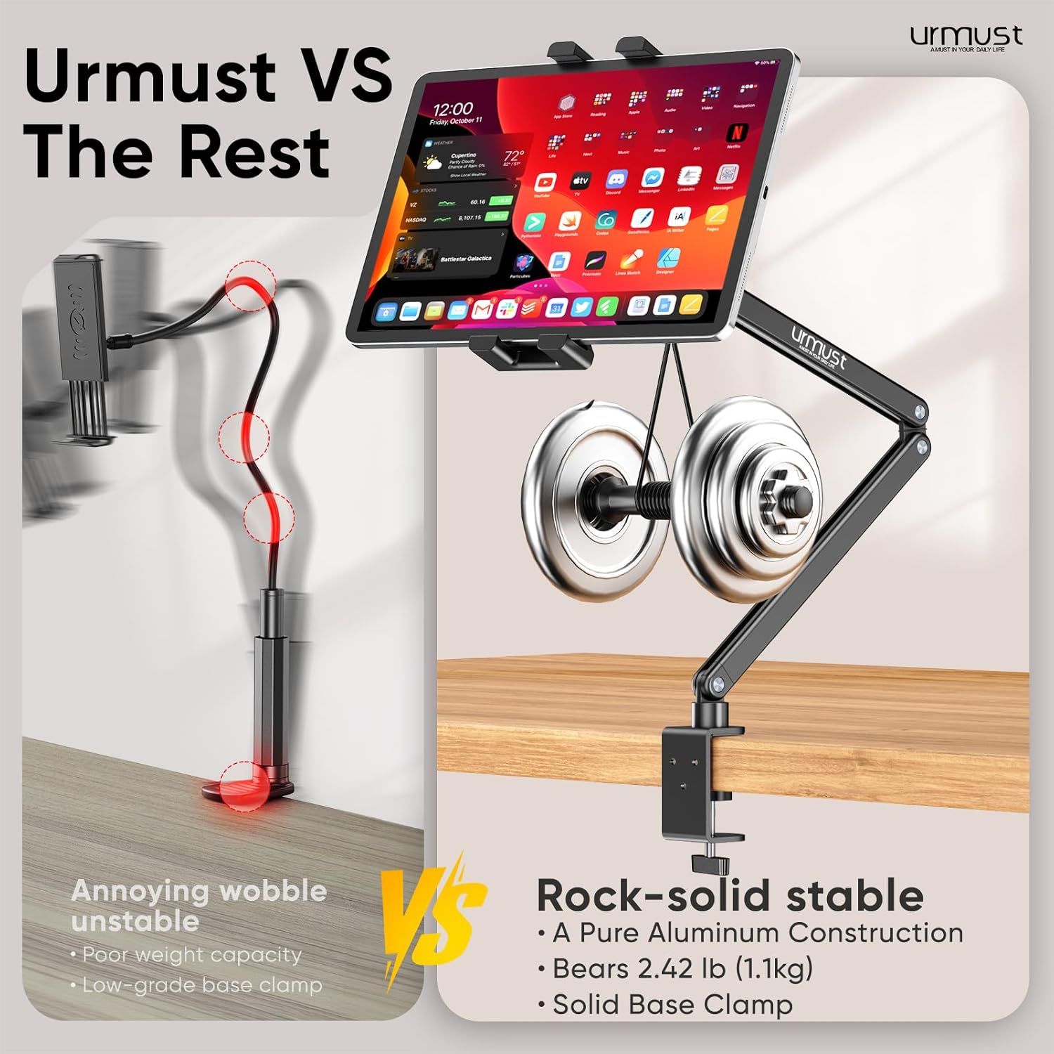 Detalle de Urmust Portable Monitor Stand: höhenverstellbarer Tablet- und Monitorständer mit 360° drehbarer Metallbasis