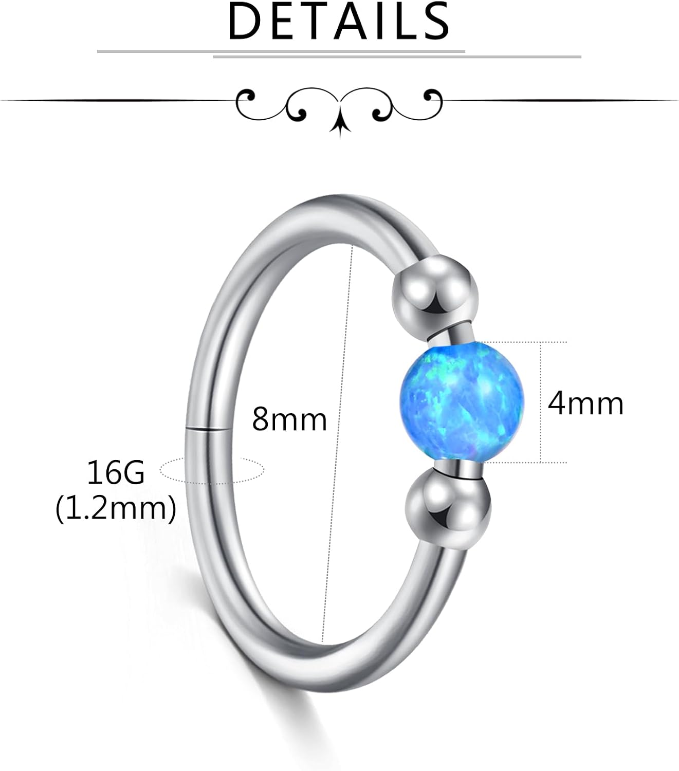Detalle 2 de Briana Williams 4 Stück Septum Clicker Nasenring – 16G Edelstahl, 8 mm mit CZ-Opal, Segment Helix/Tragus Piercing