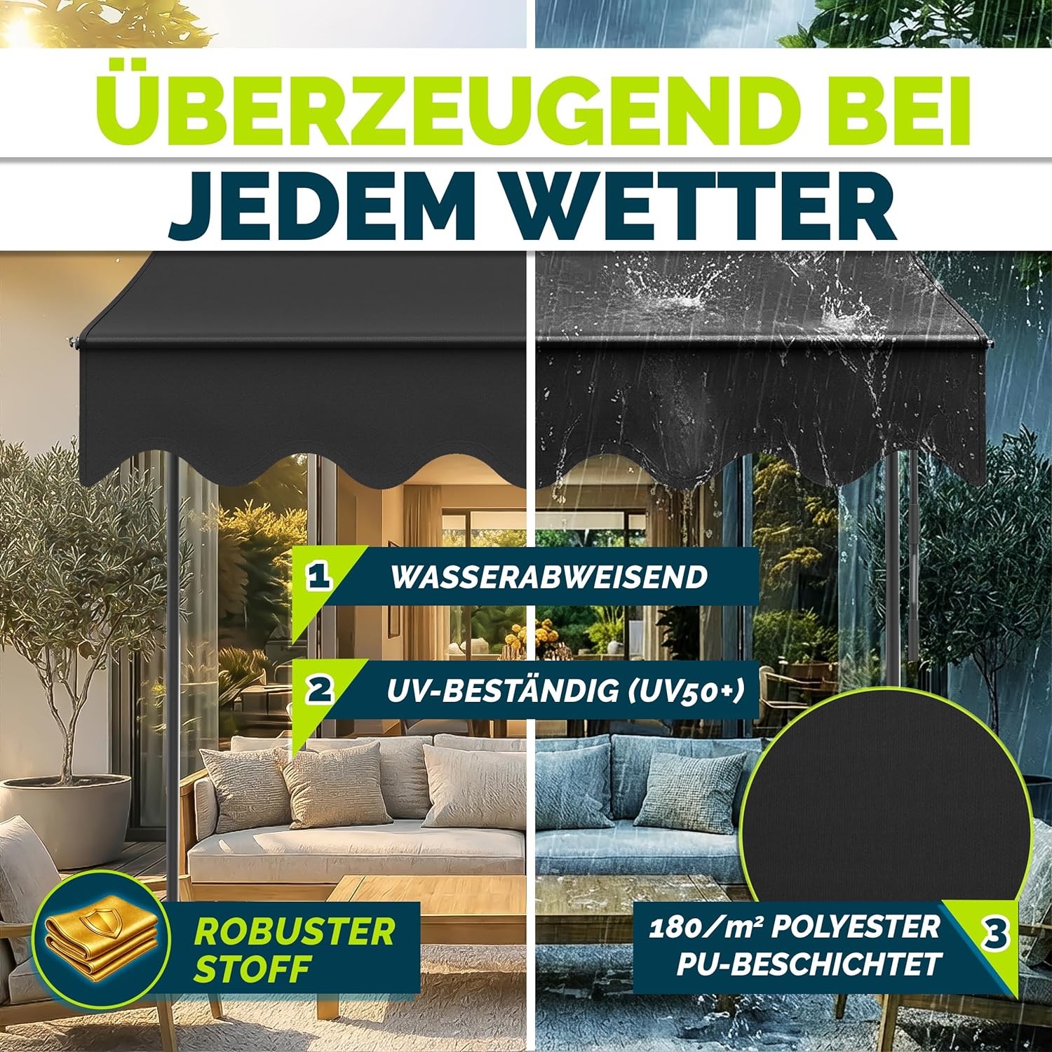 Thumbnail 3 de tillvex Klemmmarkise mit Handkurbel für Balkon (ohne Bohren) – Anthrazit, 250 cm