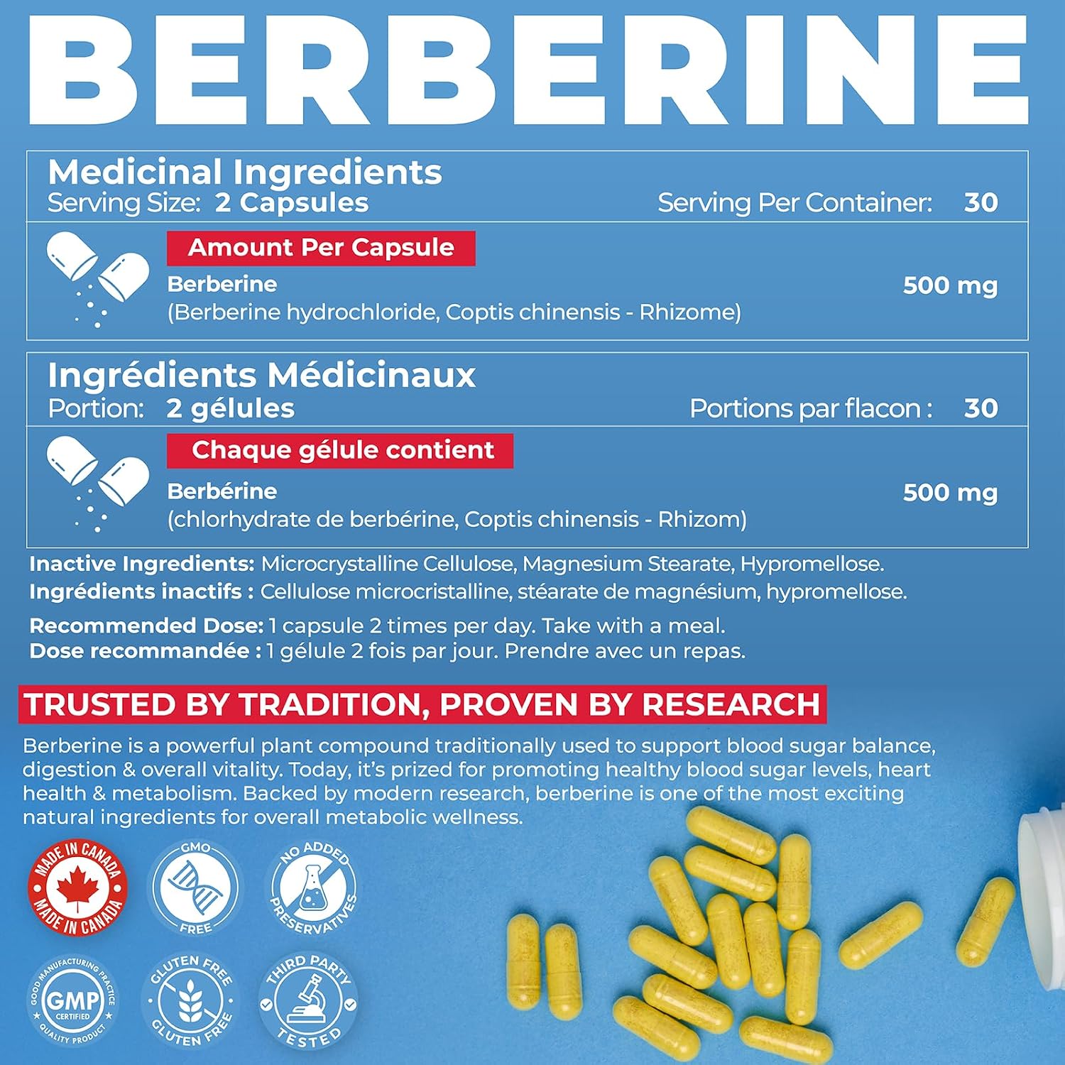 Detalle de Berberine supplement 500 mg capsules
