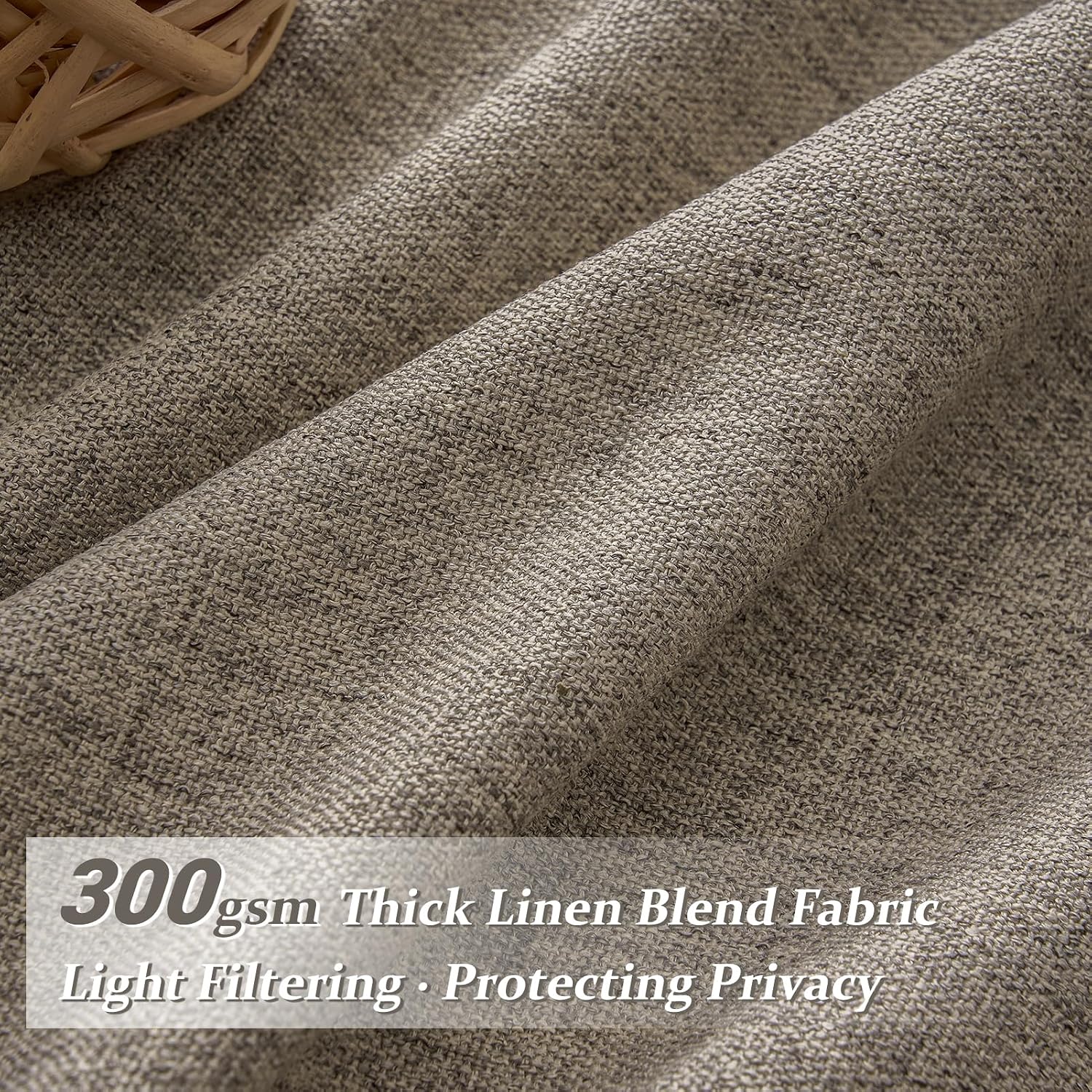 Detalle de Pinch Pleated Dark Flax Privacy Curtains: 105-Inch, 2 Panels, Light Filtering Linen Boho Elegance