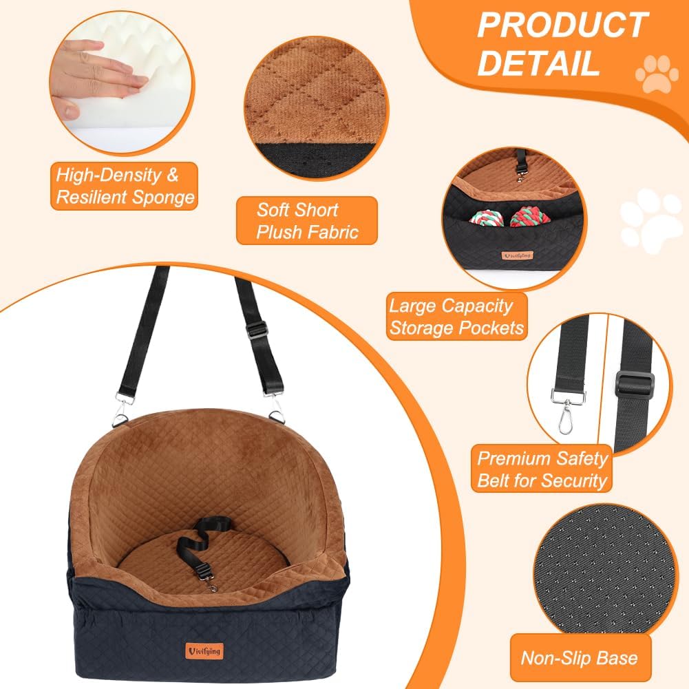 Detalle de Vivifying Hundeautositz mit Sicherheitsgurt, abnehmbarer & waschbarer Sitzerhöhung bis 11,3 kg (Braun)