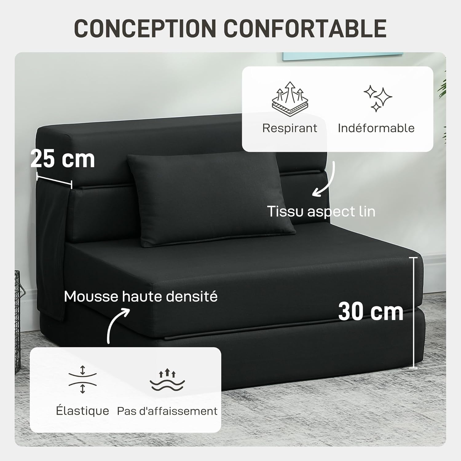Thumbnail 4 de HOMCOM Fauteuil Convertible 1 Place 3 en 1 – Lit pliant et canapé de sol en lin noir