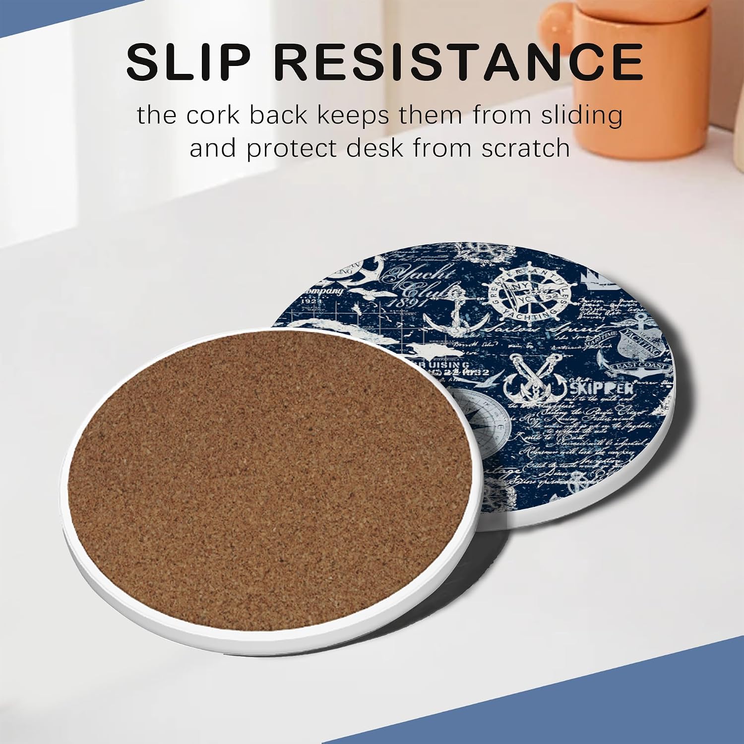 Detalle de Anchor Navy Blue 6-Pack Absorbent Ceramic Coasters with Cork Base & Holder (10cm)