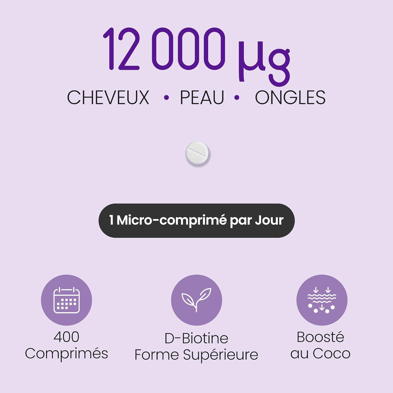 Detalle 2 de Biotine Cheveux Pousse Rapide 12 000 mcg Extra Fort – VitaBright, cure d’un an avec extrait de noix de coco