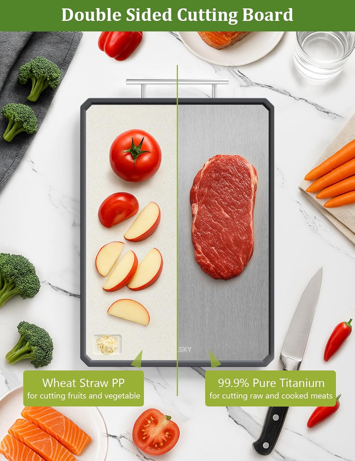 Detalle de Callsky large titanium chopping board (41.5 x 28cm) – double-sided metal cutting board with wheat straw surface