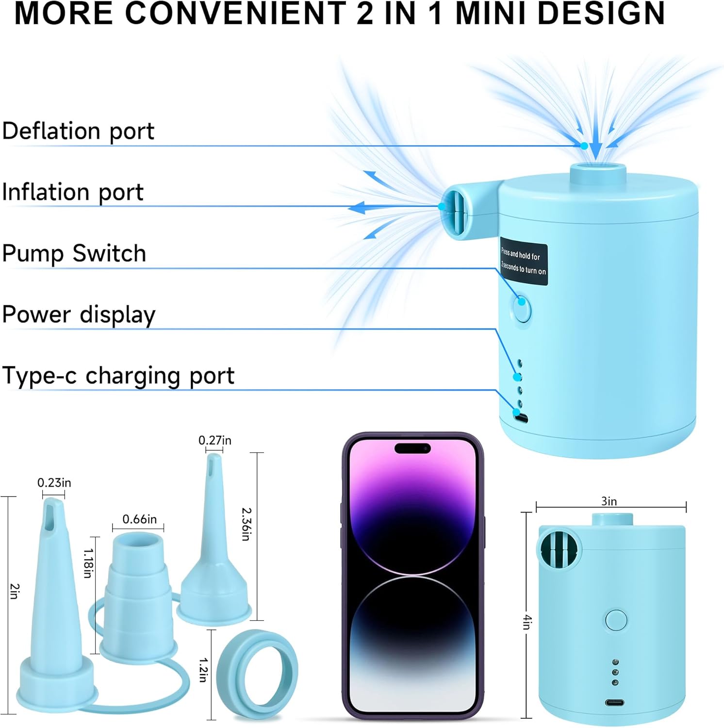 Thumbnail 3 de Air Pump for Air Mattress and Inflatables: Compact, High-Output Inflator with 4 Nozzles
