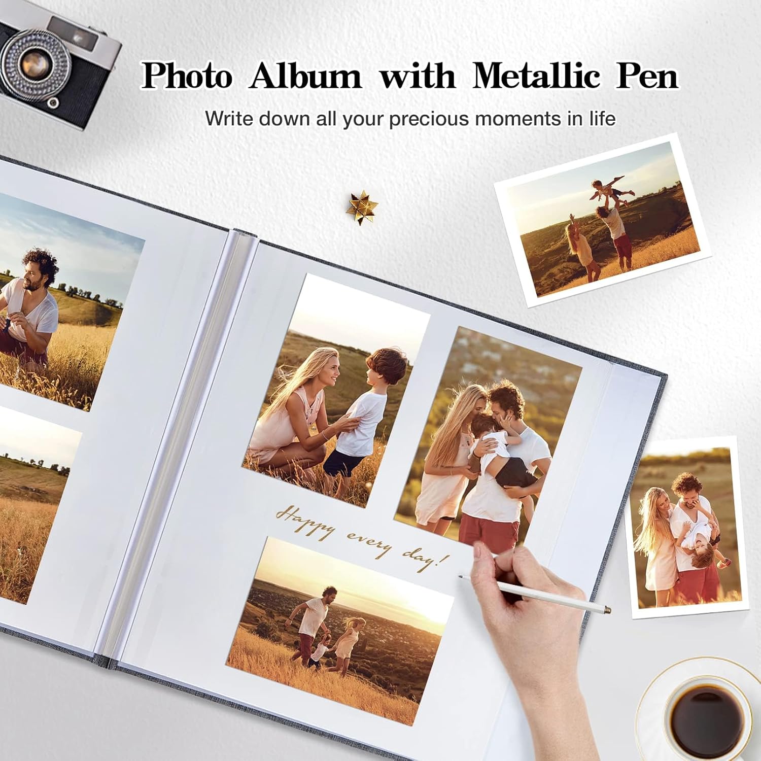 Detalle de Ponping Large Photo Album Self Adhesive 4x6, 5x7, 8x10 with Linen Cover and Metallic Pen