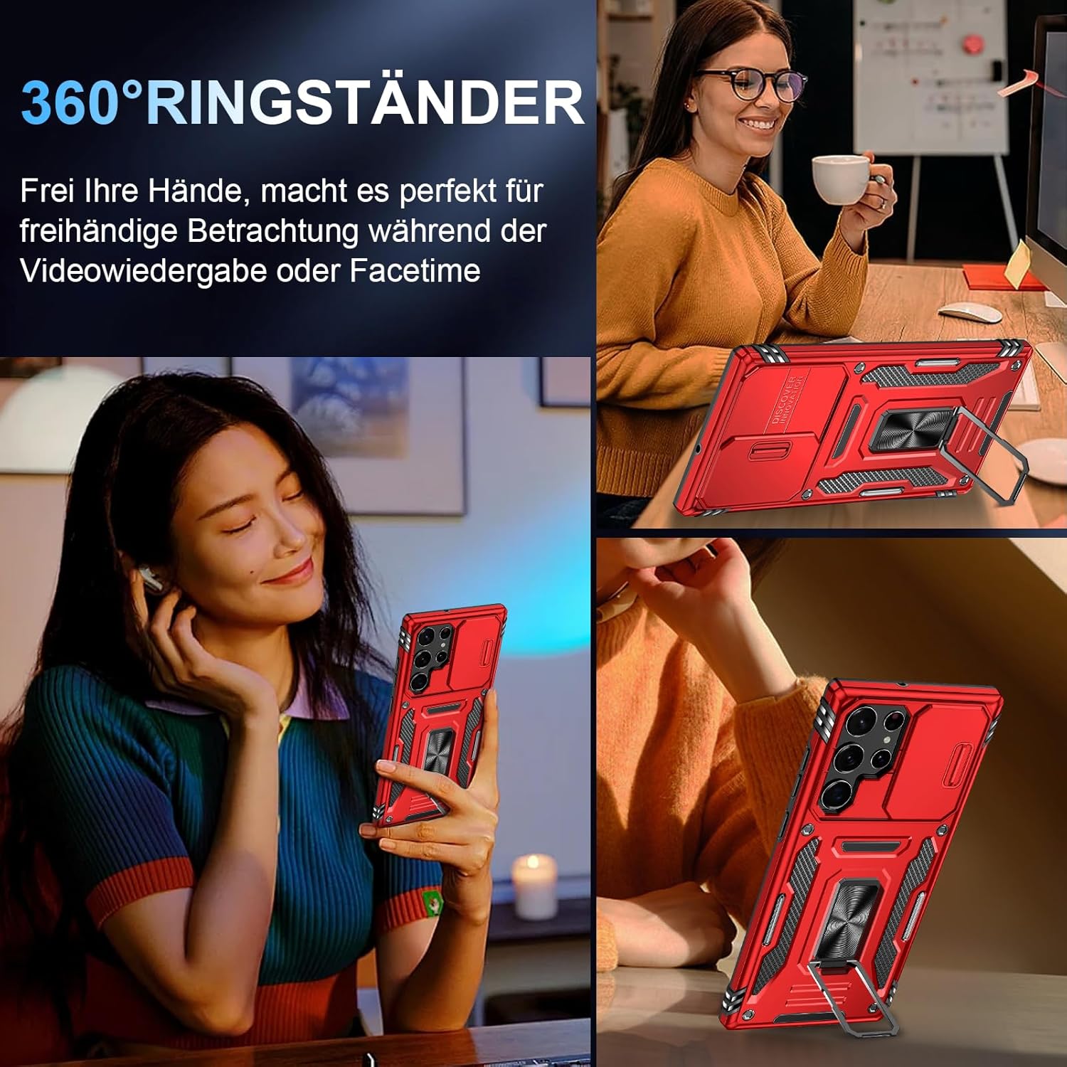 Thumbnail 6 de Handyhülle Samsung Galaxy S22 Ultra mit Slide Camera – 360° Metallring, Stoßfest und Ständer (Rot)