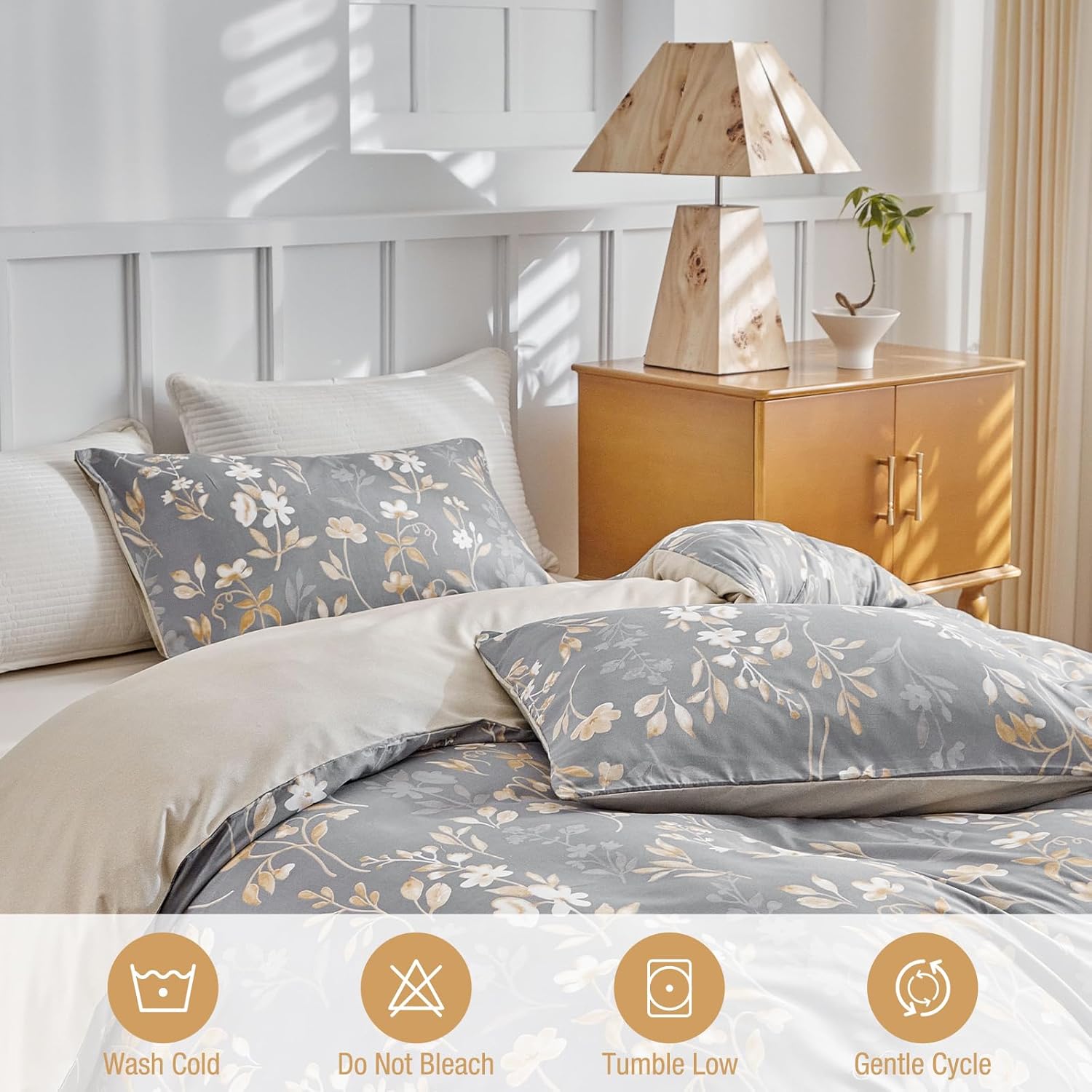 Thumbnail 6 de Tokokimo King Size Duvet Cover Set – Reversible Yellow Floral on Grey Microfibre, 220x230 cm (2 Pillowcases)