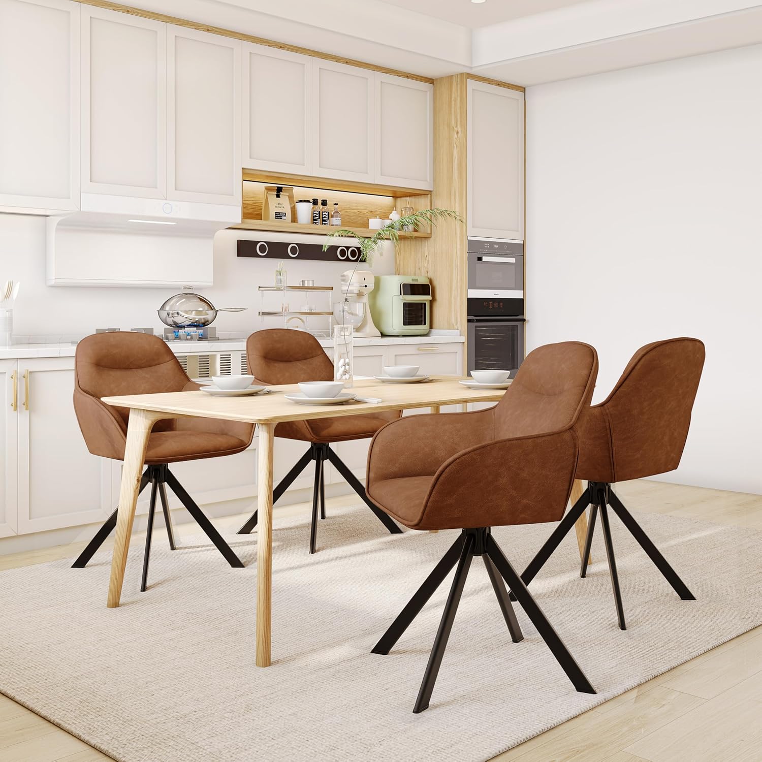 Thumbnail 3 de Goeurvant Drehstuhl Esszimmer – 4er-Set, Kunstleder, 360° Drehung, Metallbeine, braun