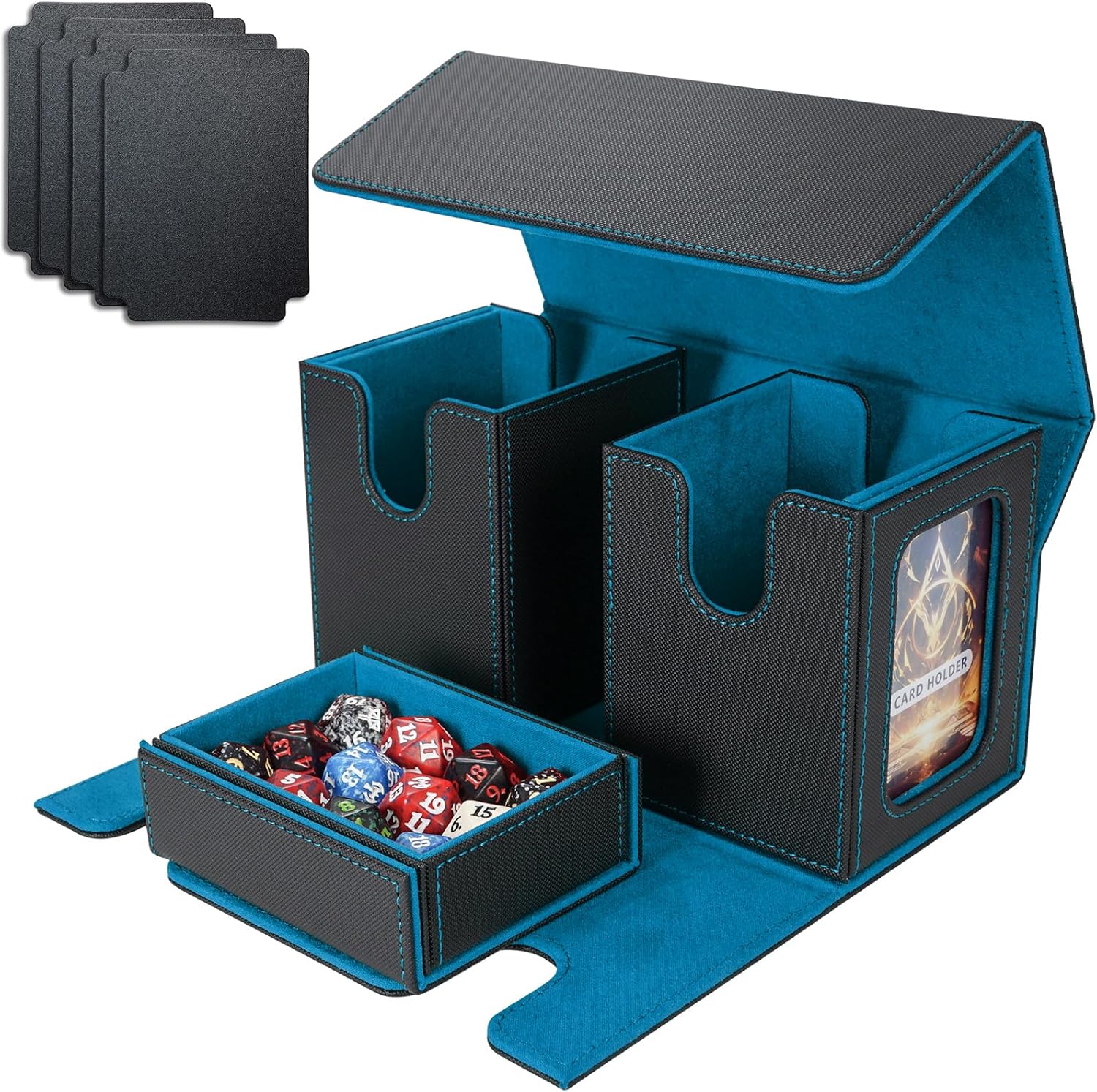 AFIING MTG Commander Kartenbox 3-in-1 – Magnetbox mit Commander-Fenster, Dicebox & Trennwänden