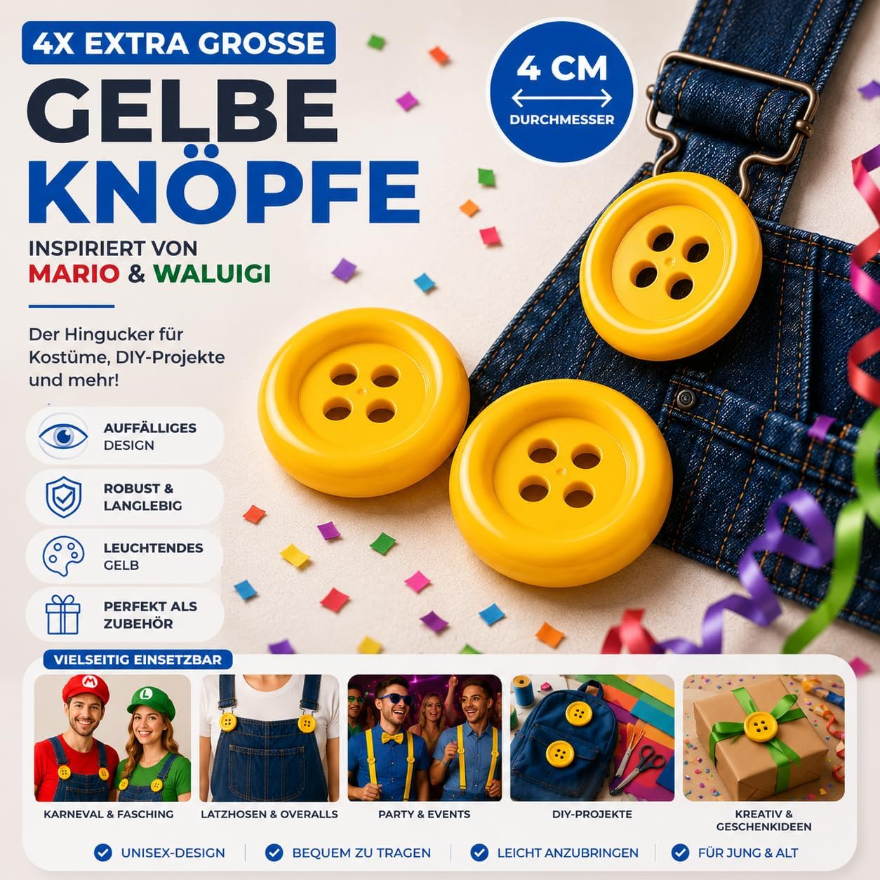 Detalle de FASCHINFEVER extra grote gele knopen, geïnspireerd door Mario en Waluigi