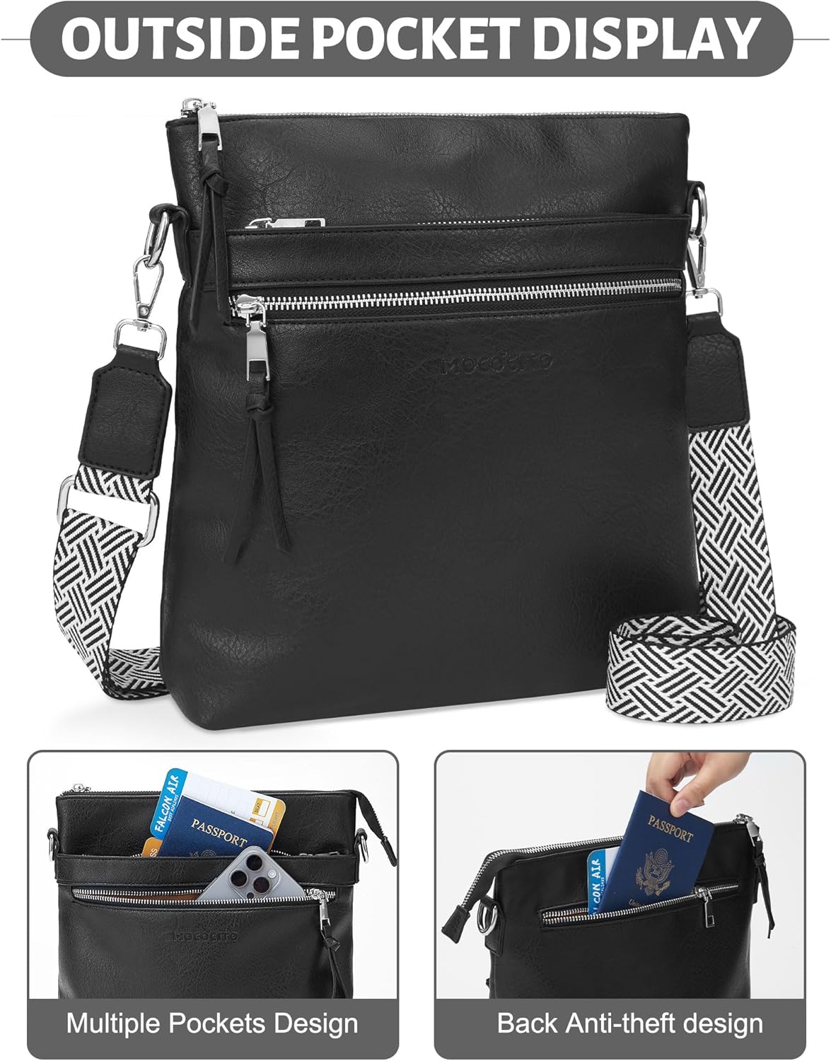 Detalle de MOCOCITO Umhängetasche Damen – Veganes Leder, RFID-Schutz, 6-Liter Crossbody