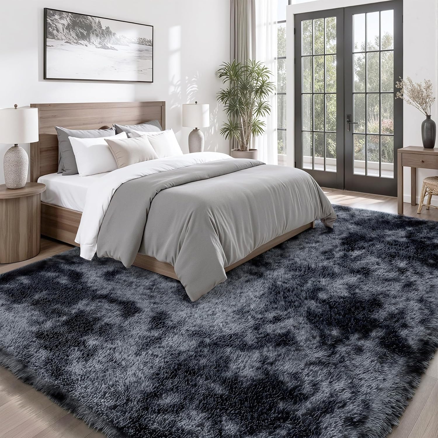 Thumbnail 1 de 8x10 Fluffy Shag Area Rug for Living Room & Bedroom – Black/Gray, Non-Slip, High-Pile Plush
