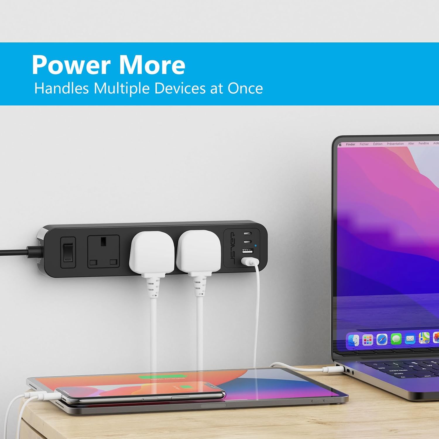 Thumbnail 6 de JSVER 7-in-1 Extension Lead with USB-C & USB-A Slots, 3 AC Outlets and 2m Cable (Switch) – Black