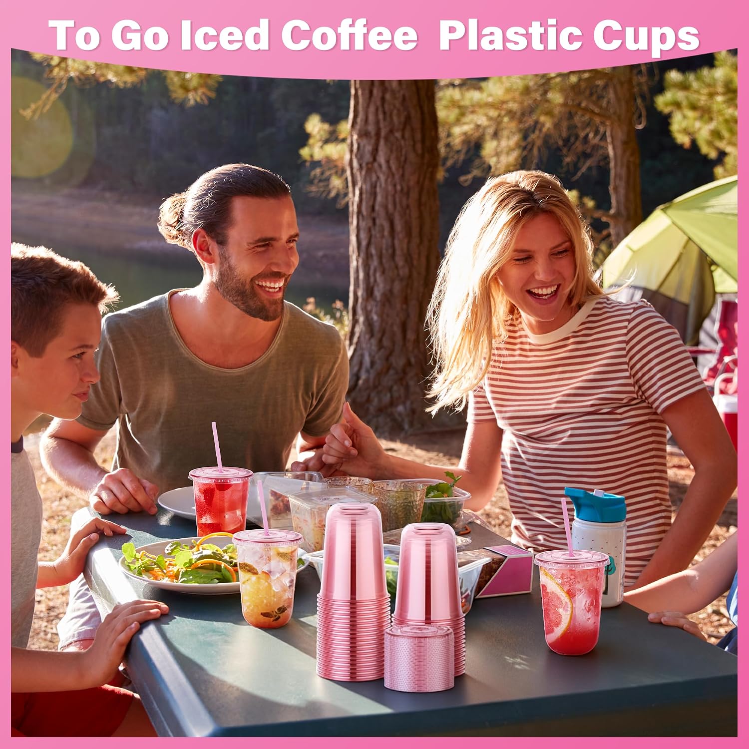 Detalle de KesaPlan 50 Pack 16 oz Pink Plastic Party Cups with Lids and Straws
