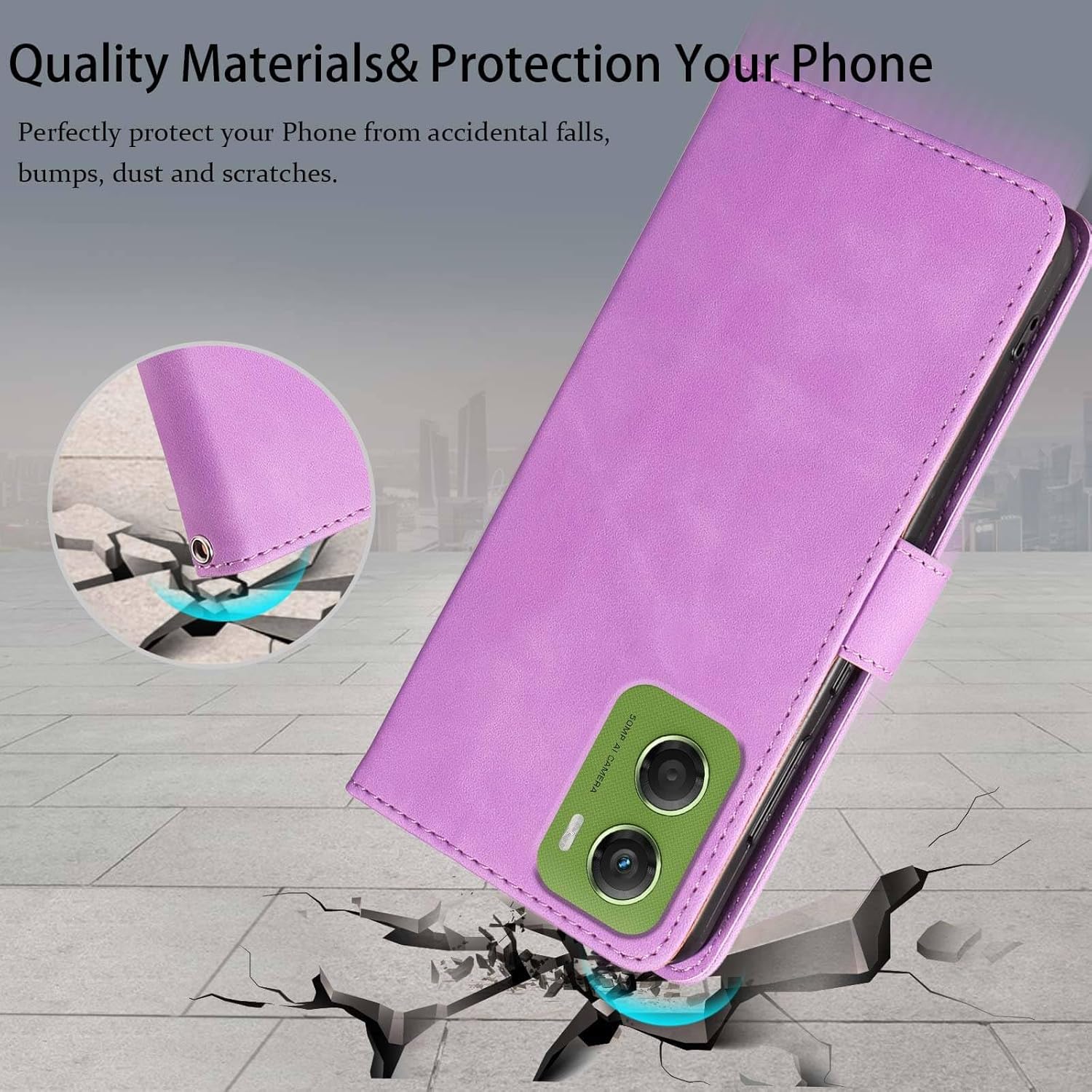 Detalle de GOTOURED Leather Wallet Case for Motorola G06 / G06 Power with RFID Blocking, 4 Card Slots, Wrist Strap and Kickstand (Purple)