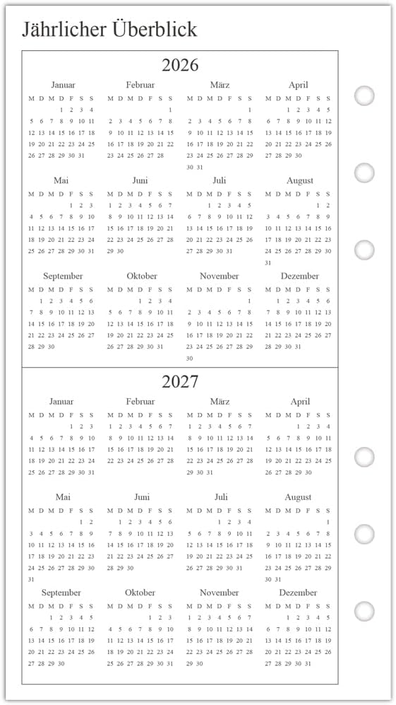 Detalle 2 de newestor Wochenplaner Einlage A6 (26–27), 1 Woche auf 2 Seiten mit Tabs – Jul 2026 bis Jun 2027