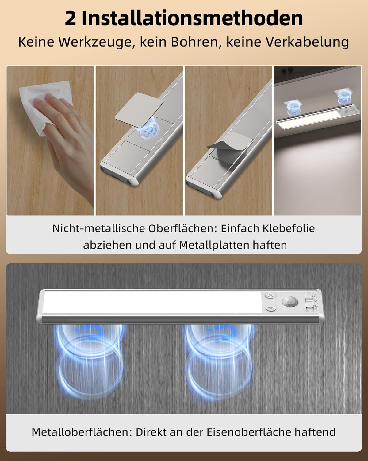Thumbnail 6 de EZVALO Schrankbeleuchtung LED 30 cm mit Bewegungsmelder – recargable Unterbauleuchte für Schrank, Küche & Co. (2er-Set, Schwarz)