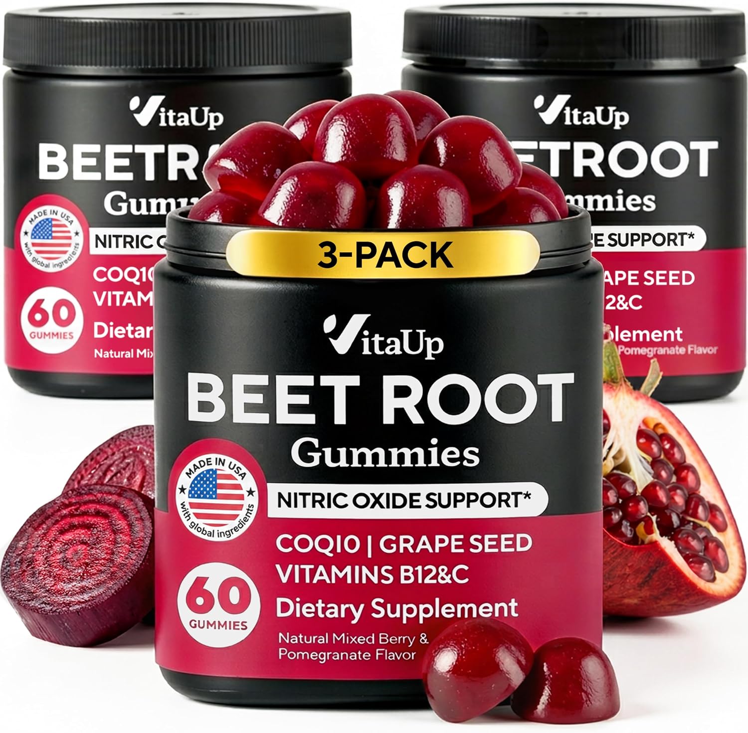 Detalle de VitaUp Beet Root Gummies with CoQ10, Grape Seed and Vitamins C, B12 & B3