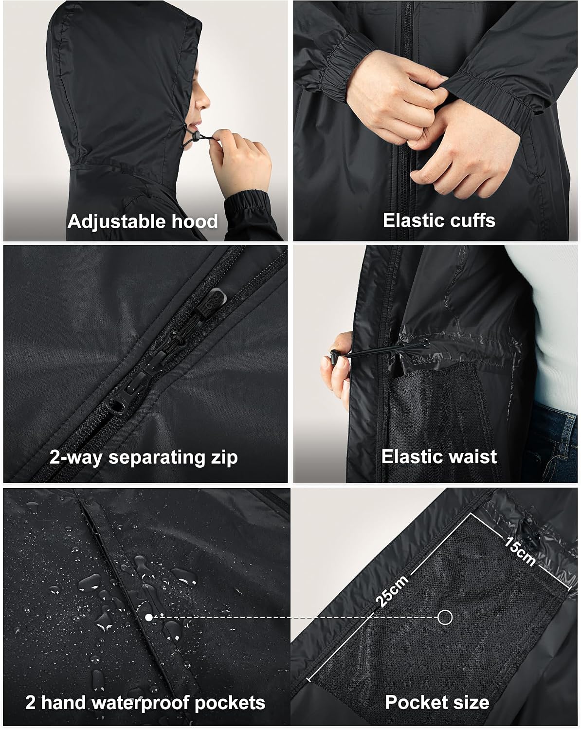 Detalle 2 de 33,000ft 3JL048 Women's Long Waterproof Raincoat, Packable with Hood and Zip Pockets